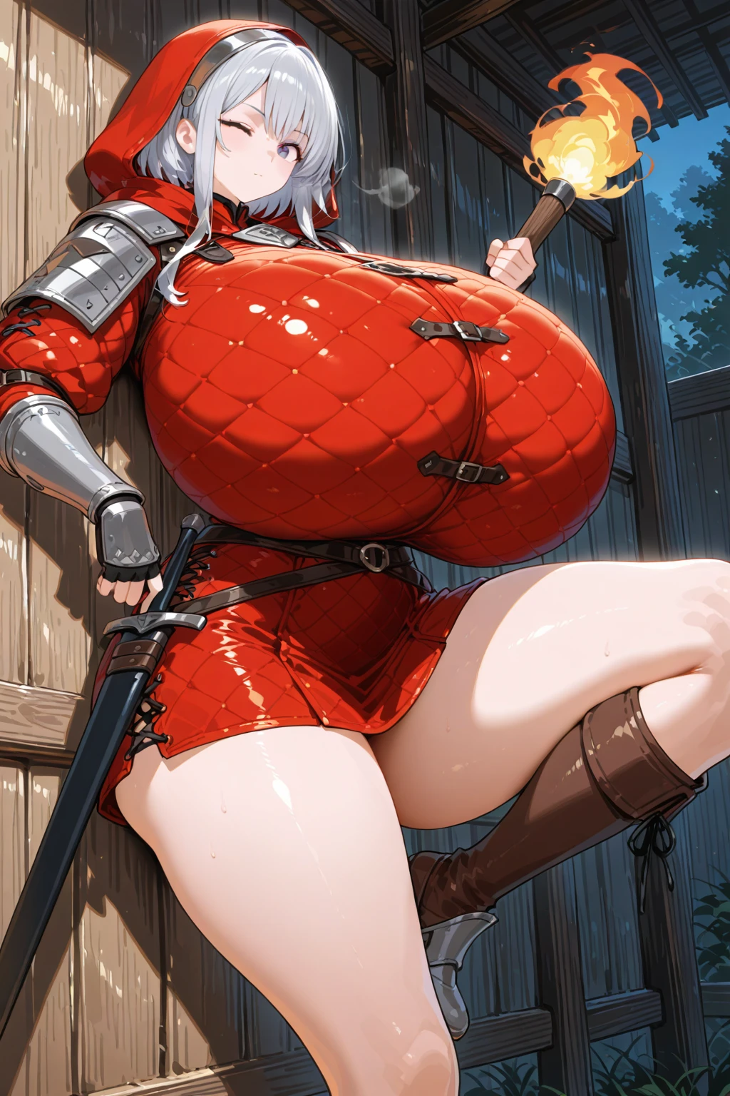 1girl, solo, gambeson shirt, <lora:Gambeson Shirt Illustrious1:0.6>, metal hairband, one eye closed, holding torch, gigantic breasts, against wall, leaning back, knee up, hood up, scabbard, closed mouth, standing on one leg, wooden gate