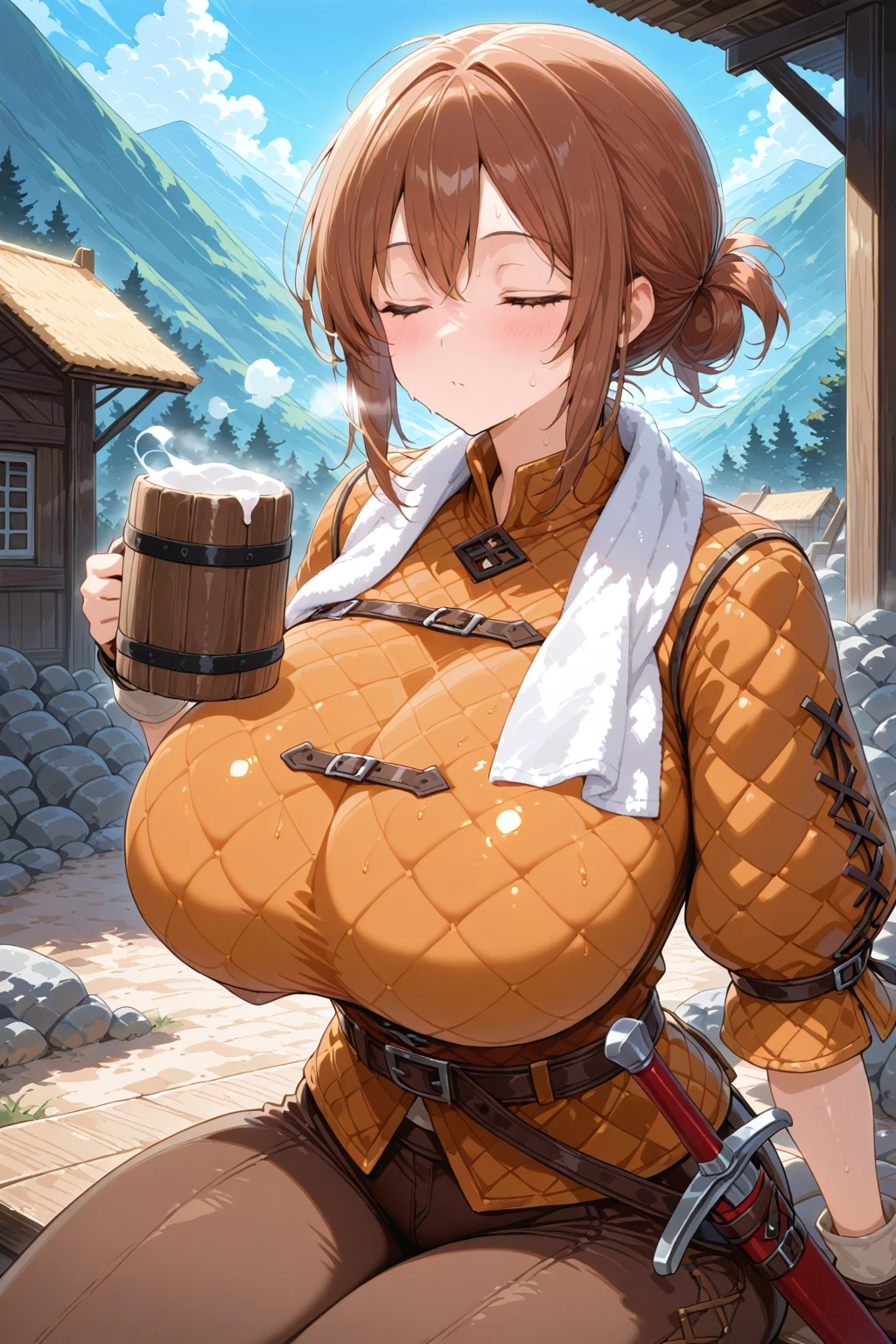 1girl, solo, gambeson shirt, <lora:Gambeson Shirt Illustrious1:0.6>, towel around neck, holding cup, wooden mug, sitting, haybale, outdoors, closed eyes, sweat, brown pants, huge breasts, scabbard,