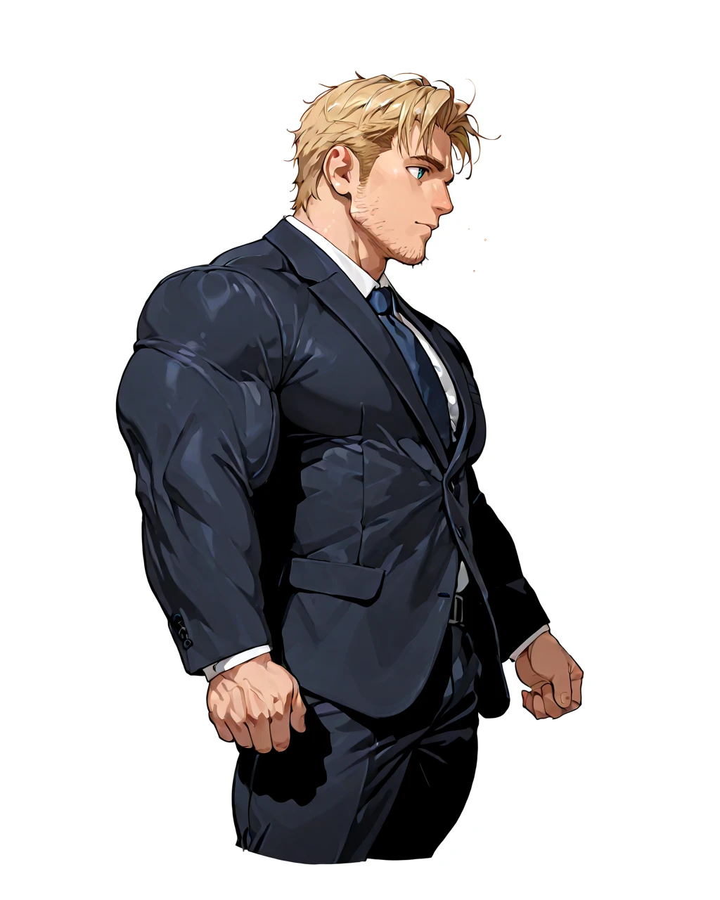 Smooth Quality, male focus, western, detailed face, detailed body, detailed background, perfect anatomy, masterpiece, high quality, best quality, 1boy, male focus, (solo), simple background, white background 
BREAK
1boy, shortstack, cute face, (scruffy stubble:1.3), blonde hair, (fully clothed:1.2), office clothing, suit and tie, thick muscle mass, small waist, dynamic pose, dynamic angle <lora:Shortstack:1> <lora:AI_muscle_test:0.5> <lora:Reeddune_Illustrious:1>