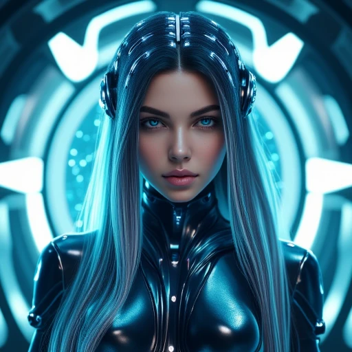Cyberflux A medium front view beautiful female character with long futuristic hairstyle with head implants, shes wearing a sexy cybernetic suit with digital screen with glowing data, she walk in a futuristic crytaline corridor embeded in it