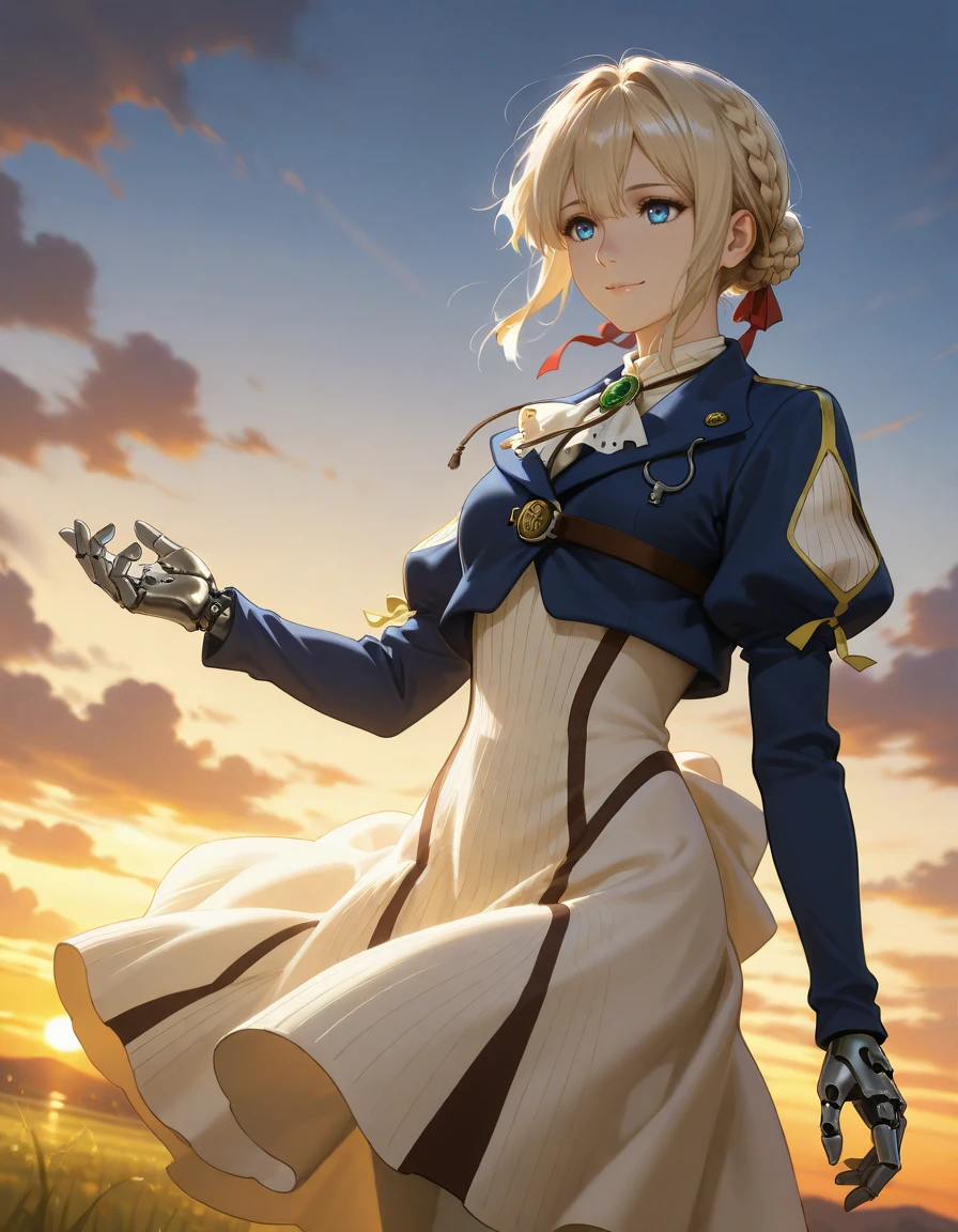 masterpiece, absurdres, best quality, very aesthetic, newest, ambient lighting, ultrahd, realistic, scenery, ultra-detailed, outdoors, dynamic angle, cowboy shot, sunset, (violet evergarden) BREAK 1girl, solo,ascot, blonde hair, blue eyes, blue jacket, cropped jacket, jacket strap, bolo tie, braided bun, closed mouth, dress, wind lift, juliet sleeves, long sleeves, (green brooch:0.6), prosthetic, prosthetic hands, smile