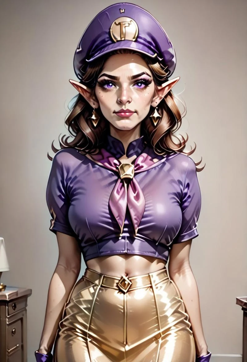 {genderswap \(mtf\), solo:3.0, ((adult:3.0)), mature female, full body, Waluigi, no mustache:2.0, pointy ears, face framing bangs, brown hair, small bust:2.0, hat, purple headwear, crop_shirt handkerchief_skirt, purple crop shirt, gold skirt, gold handkerchief, short skirt, standing, standing upright:2.0, }
4kFacePonyXL,