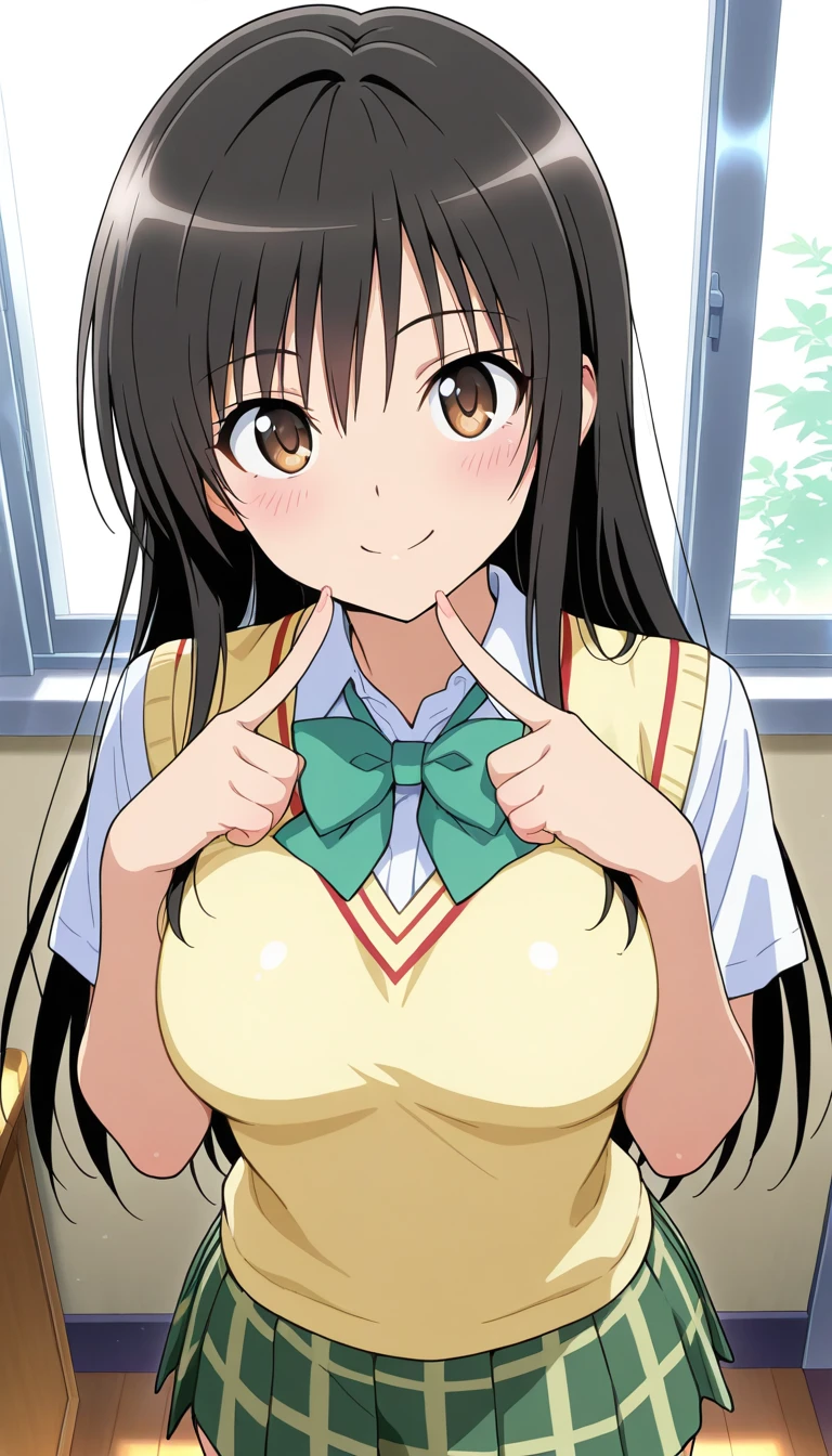 (masterpiece),best quality,amazing quality,very aesthetic,absurdres,newest,perfect body,shiny skin,perfect eyes,detail1eye,well-defined fingers,well-defined fingernails,anime style,indoors,1girl,solo,upper body,(portrait:1.5),looking at viewer,facing viewer,smile,blush,Kotegawa Yui,long hair,black hair,sidelocks,hair between eyes,bangs,brown eyes,school uniform,sweater vest,yellow vest,white shirt,collared shirt,green bowtie,short sleeves,medium breasts,miniskirt,green skirt,plaid skirt,pleated skirt,black socks,loafers,<lora:Kotegawa Yui(tlr)-Illus:2>,