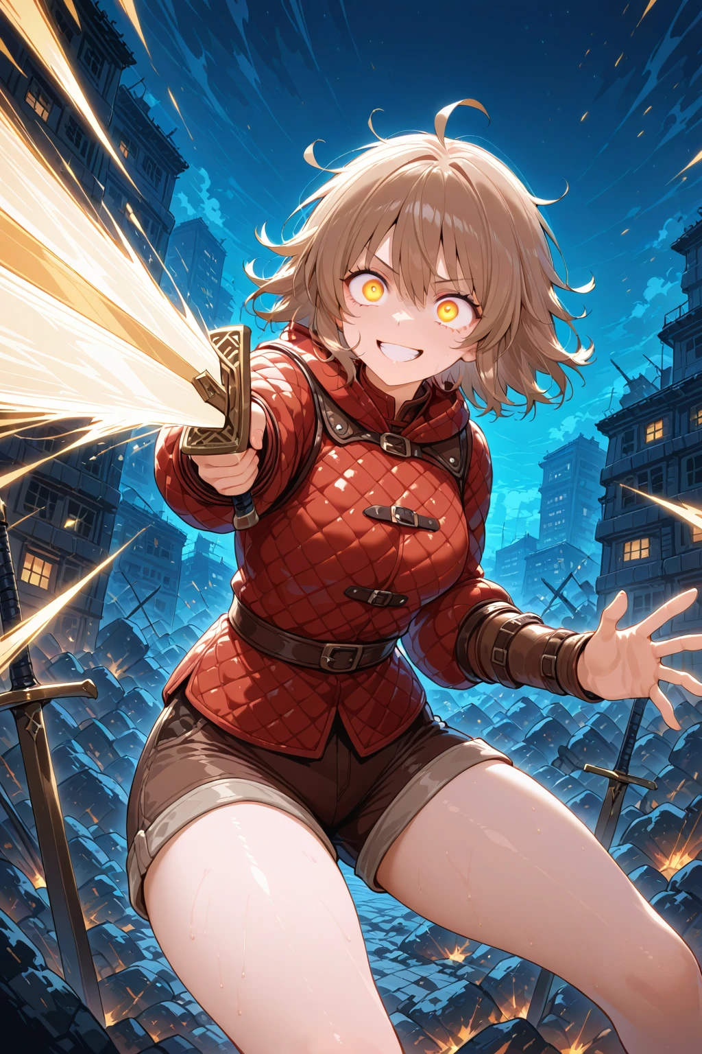 1girl, solo, gambeson shirt, <lora:Gambeson Shirt Illustrious1:0.6>, holding sword, outstretched hand, crazy, messy hair, glowing eyes, swinging weapon, attack, grin, night, destruction, brown shorts