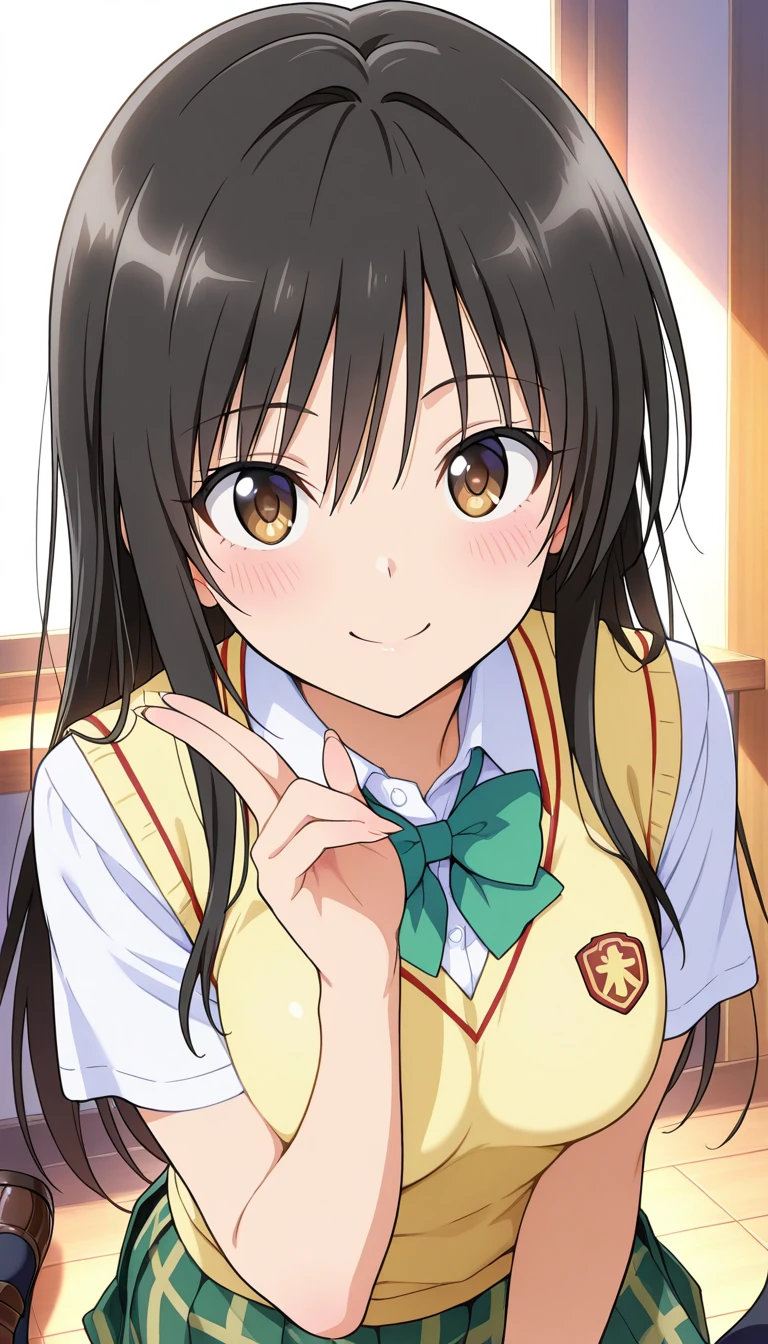 (masterpiece),best quality,amazing quality,very aesthetic,absurdres,newest,perfect body,shiny skin,perfect eyes,detail1eye,well-defined fingers,well-defined fingernails,anime style,indoors,1girl,solo,upper body,(portrait:1.5),looking at viewer,facing viewer,smile,blush,Kotegawa Yui,long hair,black hair,sidelocks,hair between eyes,bangs,brown eyes,school uniform,sweater vest,yellow vest,white shirt,collared shirt,green bowtie,short sleeves,medium breasts,miniskirt,green skirt,plaid skirt,pleated skirt,black socks,loafers,<lora:Kotegawa Yui(tlr)-Illus:2>,