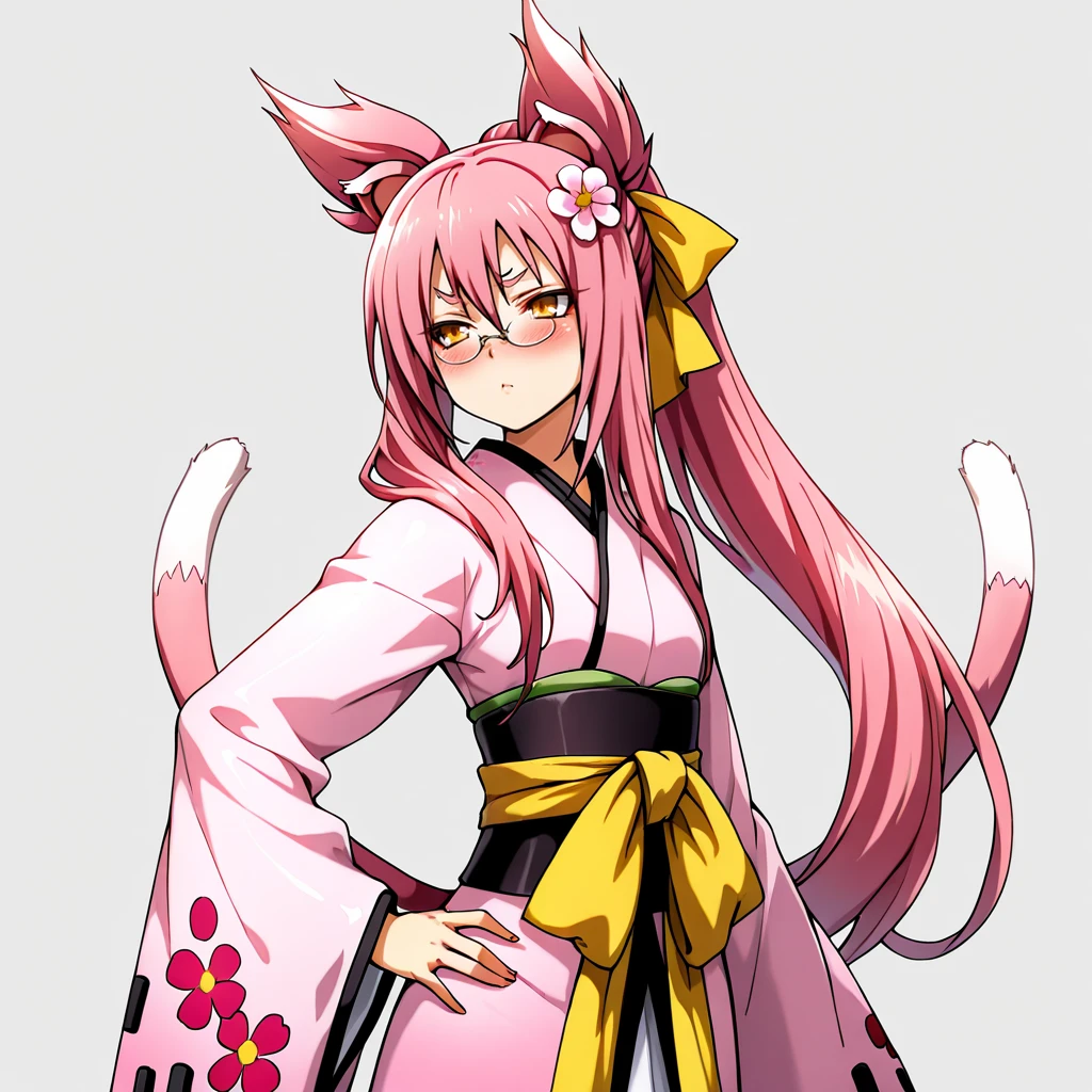 <lora:kokonoe_illustrious_v1:.7> Kokonoe, 1girl, cat tail, animal ears, pink hair, glasses, multiple tails, pince-nez, long hair, ponytail, yellow eyes, cowboy shot,, japanese clothes, kimono, hair ornament, blush, hair flower, pink kimono, sash, obi, floral print, wide sleeves
