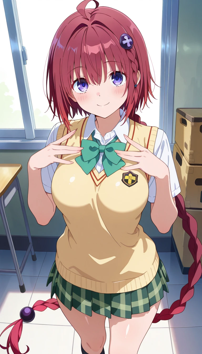 (masterpiece),best quality,amazing quality,very aesthetic,absurdres,newest,perfect body,shiny skin,perfect eyes,detail1eye,well-defined fingers,well-defined fingernails,anime style,indoors,1girl,solo,upper body,(portrait:1.5),looking at viewer,facing viewer,smile,blush,Kurosaki Mea,ahoge,very long hair,red hair,hair intakes,hair ornament,braid,hair between eyes,bangs,purple eyes,school uniform,sweater vest,yellow vest,white shirt,collared shirt,green bowtie,short sleeves,medium breasts,miniskirt,green skirt,plaid skirt,pleated skirt,black socks,loafers,<lora:Kurosaki Mea(tlr)-Illus:1.8>,
