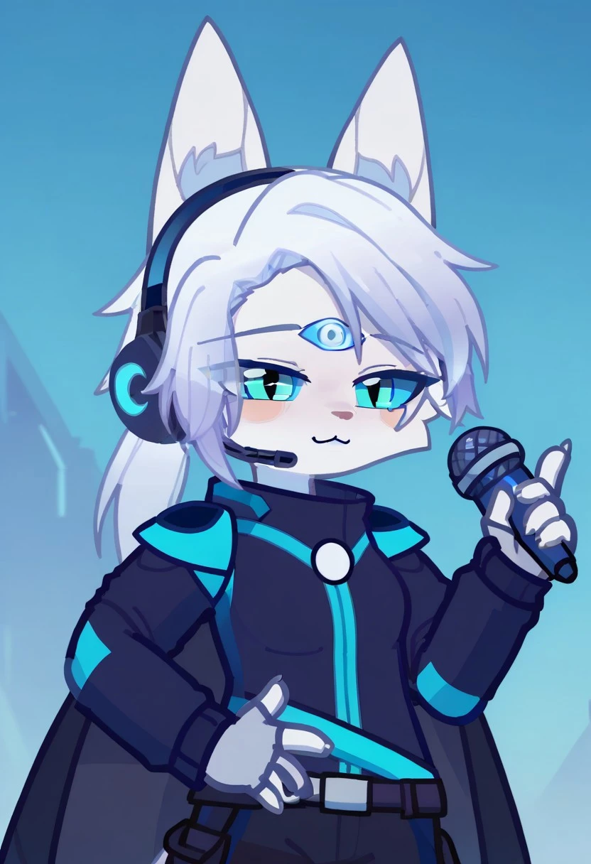score_9, score_8_up, score_7_up, score_6_up, score_5_up, score_4_up, 1girl,LUNARIUS, furry, white skin, blue eyes, 3rd eye on forehead, wolf ears, white hair, futuristic outfit, blue and black suit, neon cyan accents, headset with microphone, confident expression, utility white belt, gloves, long cape, cyan eyes, standing