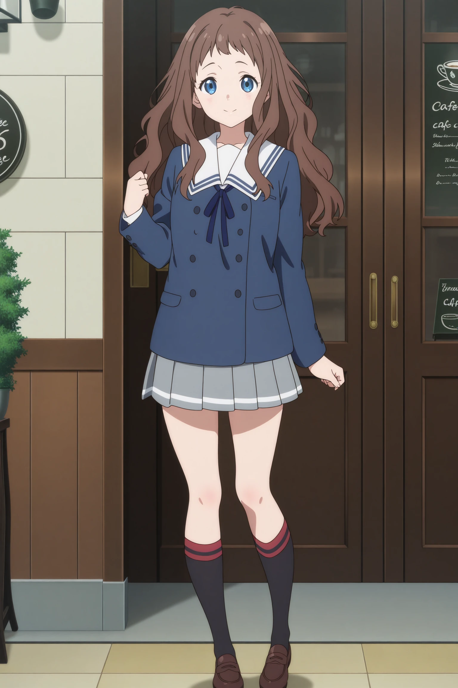 masterpiece, best quality, amazing quality, highres, absurdres, very aesthetic, high resolution, ultra detailed, perfect details, 1girl, solo, outdoors, (cafe:1.5), day, shindou ai, long hair, brown hair, wavy hair, short bangs, blue eyes, long sleeves, blue jacket, white sailor collar, blue neck ribbon, grey skirt, pleated skirt, black socks, kneehighs, brown footwear, loafers, <lora:Ai_Shindou_ILXL:0.8>, aged up, (full body), looking at viewer, (anime coloring:1.5), (anime screencap:1.5), smile, door, pose