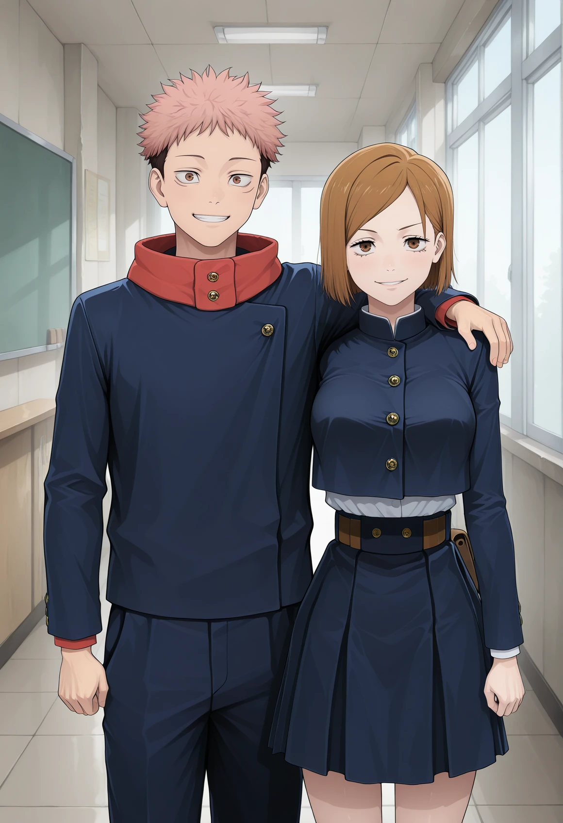 amazing quality,very aesthetic,absurdres,best quality,newest,masterpiece,4k resolution, absurdres, highres, detailed background,
<lora:shoulder-to-shoulder:0.8> shoulder-to-shoulder, arm around the shoulder <lora:KUGISAKINOBARA_IL2:0.6> 1girl, kugisaki nobara, 1boy, itadori yuuji, smile, school uniform, looking at viewer,