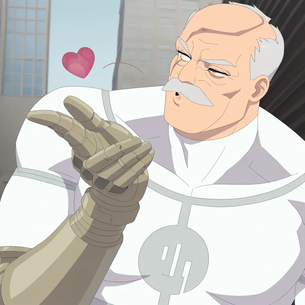 masterpiece, best quality, newest, absurdres, highres, 1boy, Conquest-ISV-V1.0 old man, white hair, mustache, facial hair, scar, blind eye, single mechanical arm, heart, blowing kiss,