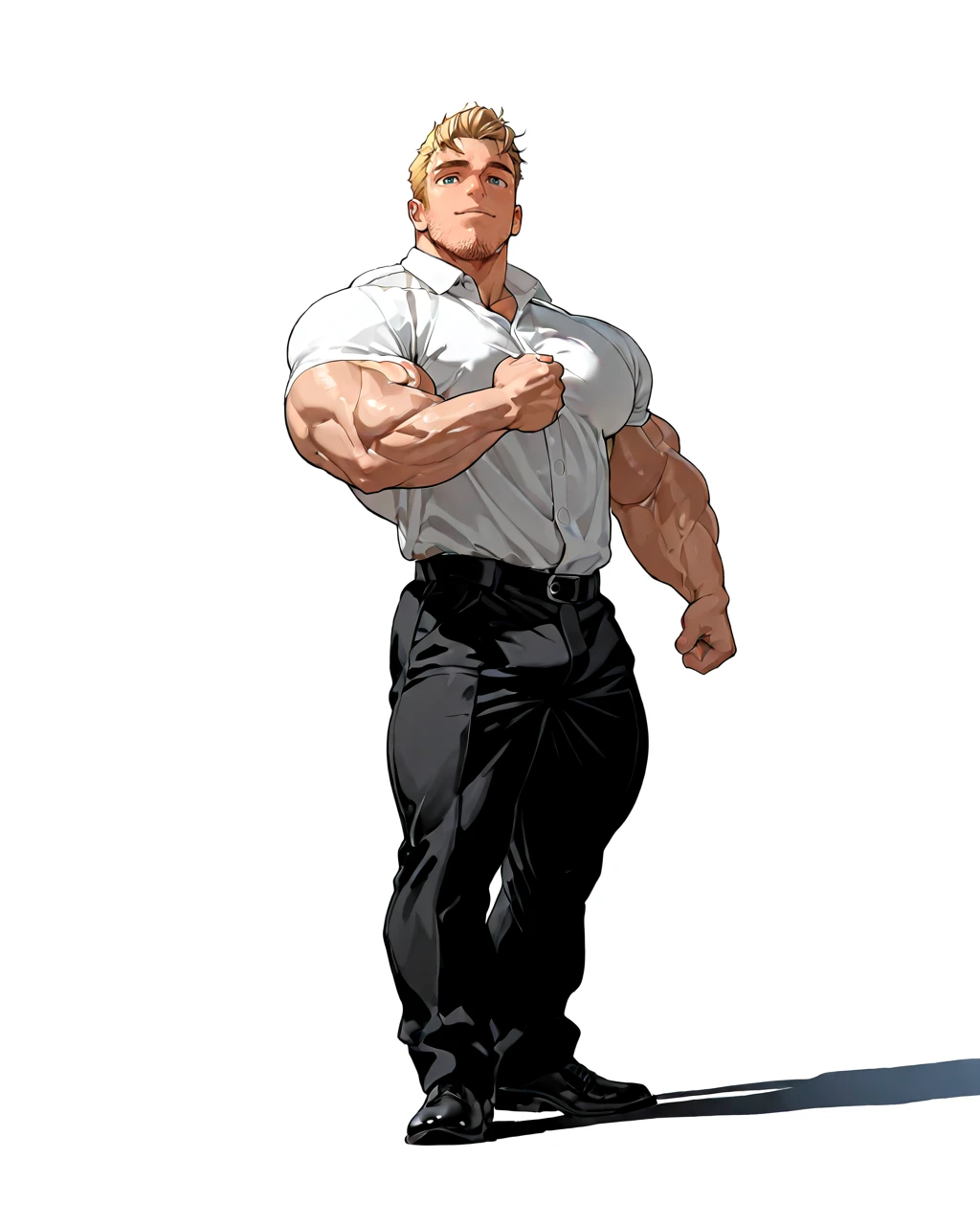 Smooth Quality, male focus, western, detailed face, detailed body, detailed background, perfect anatomy, masterpiece, high quality, best quality, 1boy, male focus, (solo), simple background, white background
BREAK
1boy, shortstack, cute face, (scruffy stubble:1.3), blonde hair, (fully clothed:1.2), office clothing, thick muscle mass, small waist, dynamic pose, dynamic angle <lora:Shortstack:1> <lora:AI_muscle_test:0.5> <lora:Reeddune_Illustrious:1>