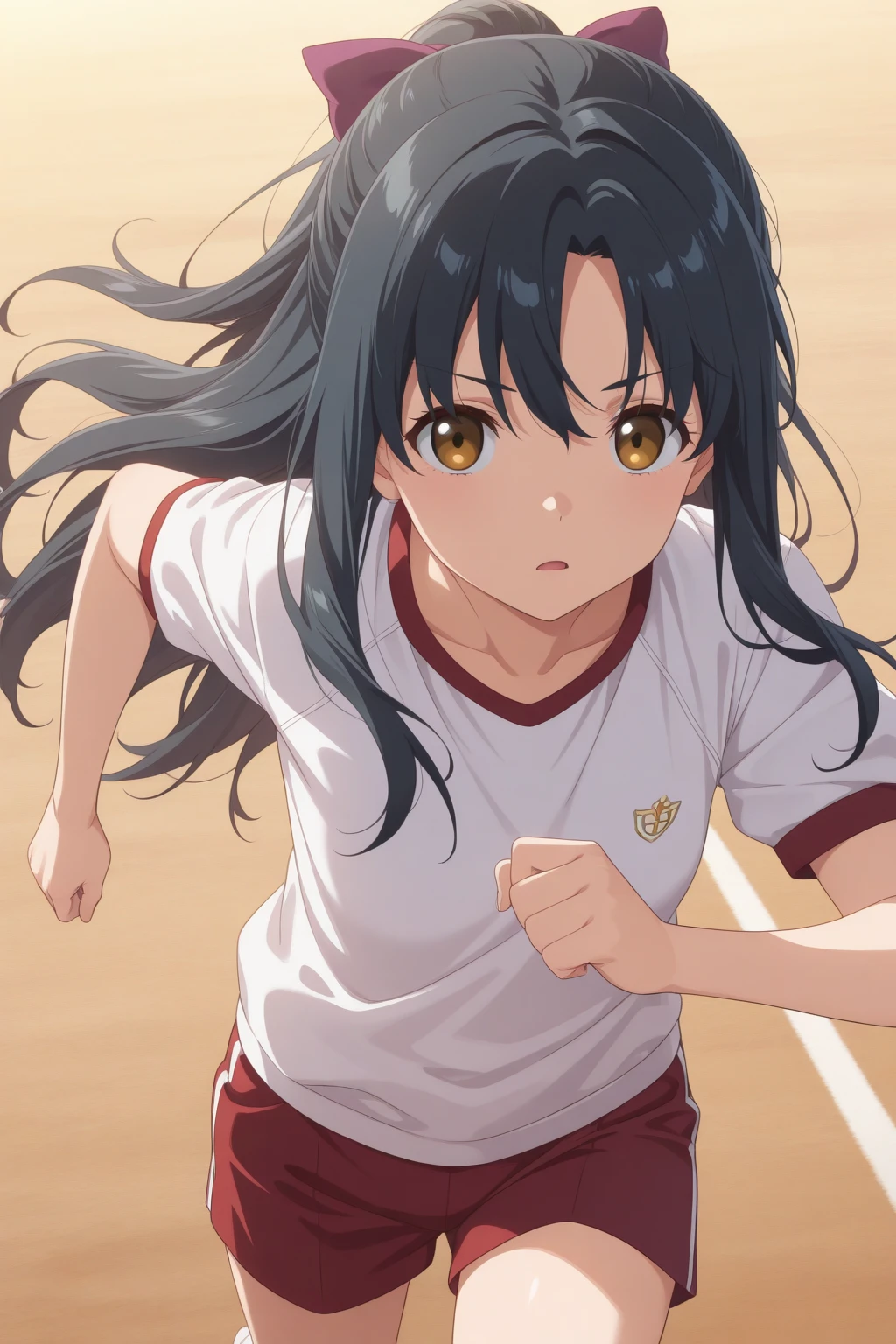 very awa, detailed eyes, shining eyes, masterpiece, best quality, ultra-detailed, (8k), (hdr), absurdres, looking at viewer, solo, 1girl, girl, outdoors, track, intense, aakaori, brown eyes, black hair, hair bow, gym clothes, red shorts, white t-shirt, anime coloring, ((running, cowboy shot))