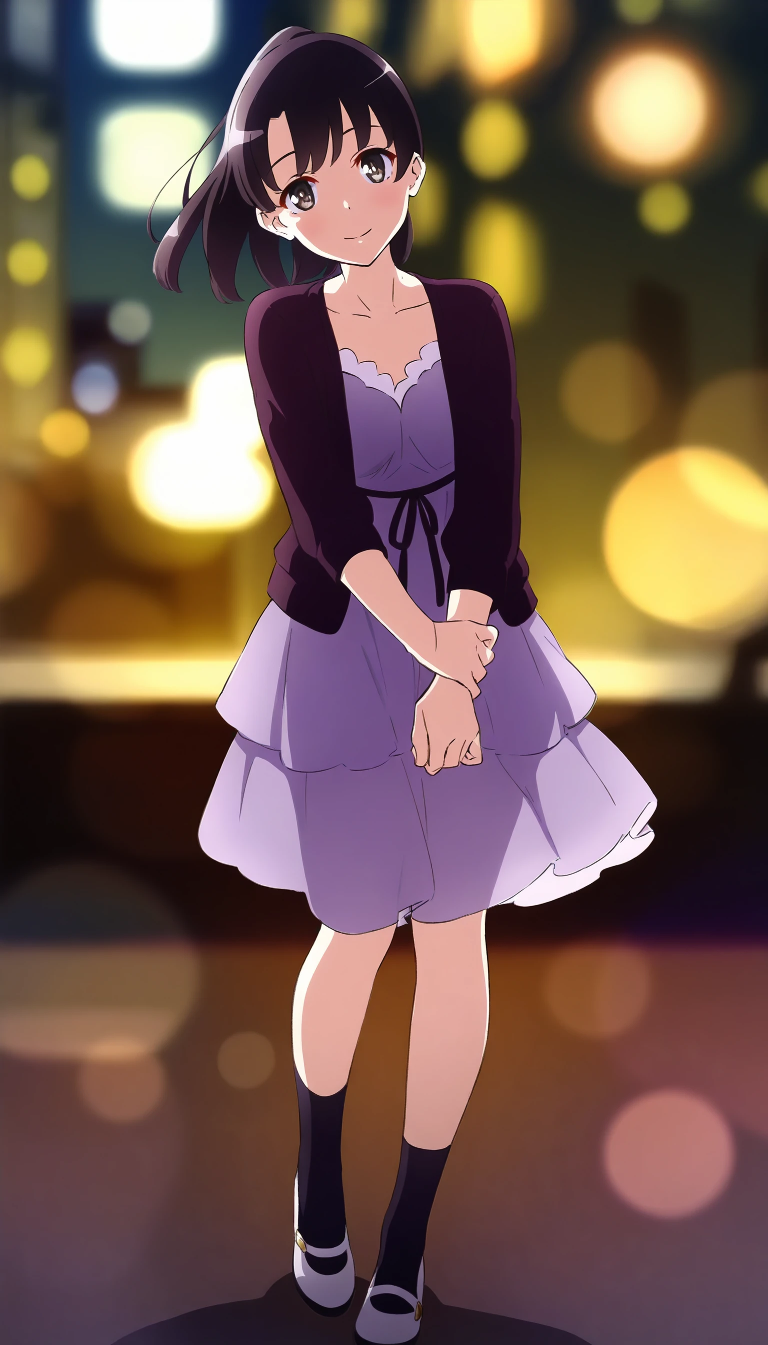 masterpiece,best quality,amazing quality,
<lora:megumikatoIL:1>,m3gum1kat0,
1girl,solo,black hair,bangs,ponytail,brown eyes,pupils,dark purple cardigan,purple fitted bodice dress with white trim,purple ribbon,black waist ribbon,black socks,mary jane shoes,
looking at viewer,smile,head tilt,holding own wrist,
rim light,blurry city night,bokeh,blurry background,depth of field,soft lighting,backlighting,