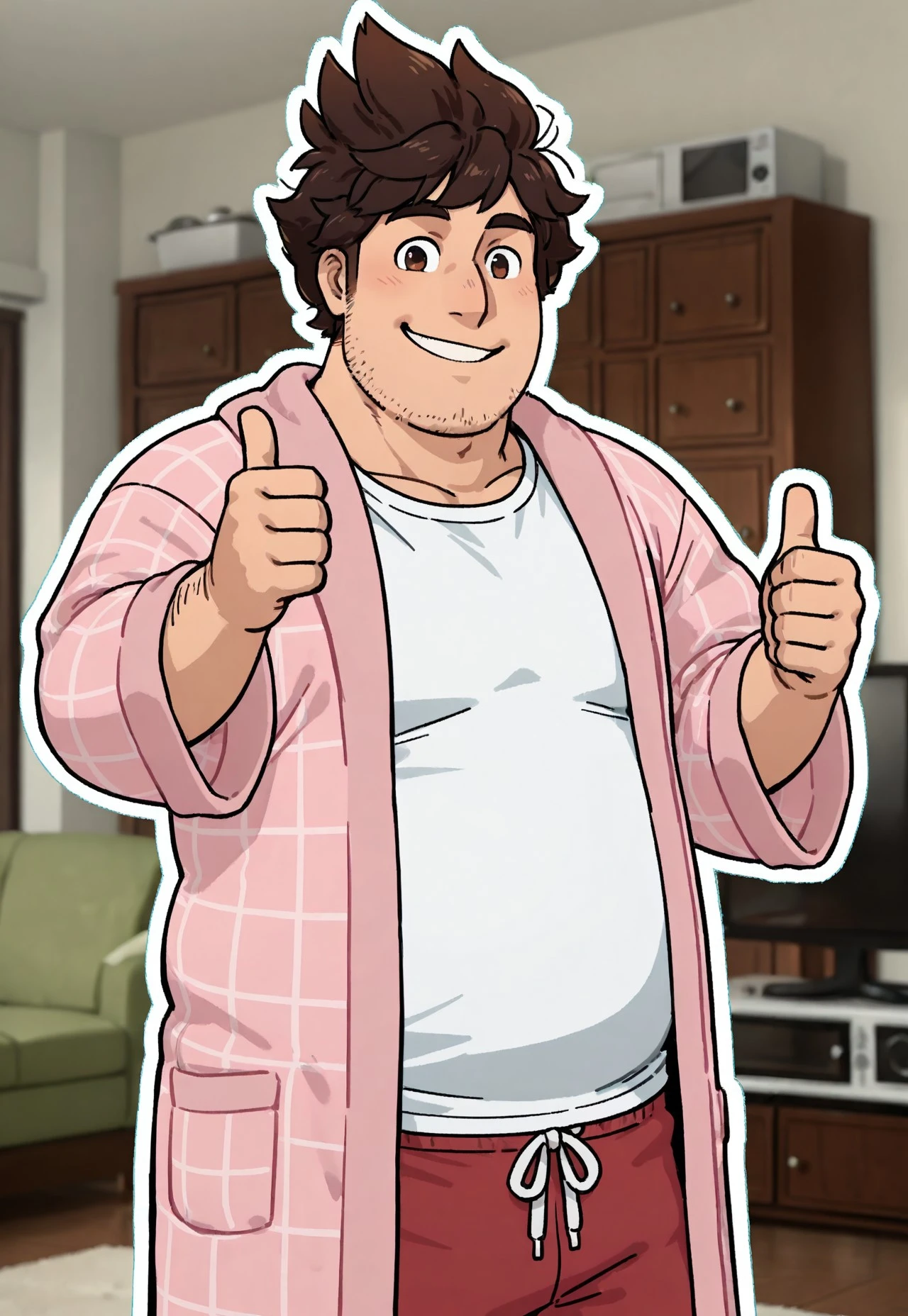 score_9, score_8, score_7, score_6_up, (1boy, male, human, chubby male, stubble, pink bathrobe, white t-shirt, red sweatpants, brown hair, messy hair,) smiling, thumbs up, 2d, illustration, shading, thick outline, solo, male only, indoors, living room, kitchenette,