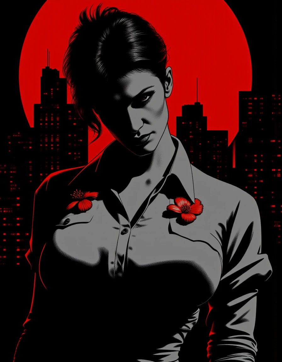 <lora:Denise_Milani-000008:1>, noir comic style with grey with red accents hues, portrait of a busty woman wearing a blouse decorated with embossed red sacura flowers, hair bun, at night with red moon in background, black cityline, <lora:lnrnr_flux_EliPot:1>