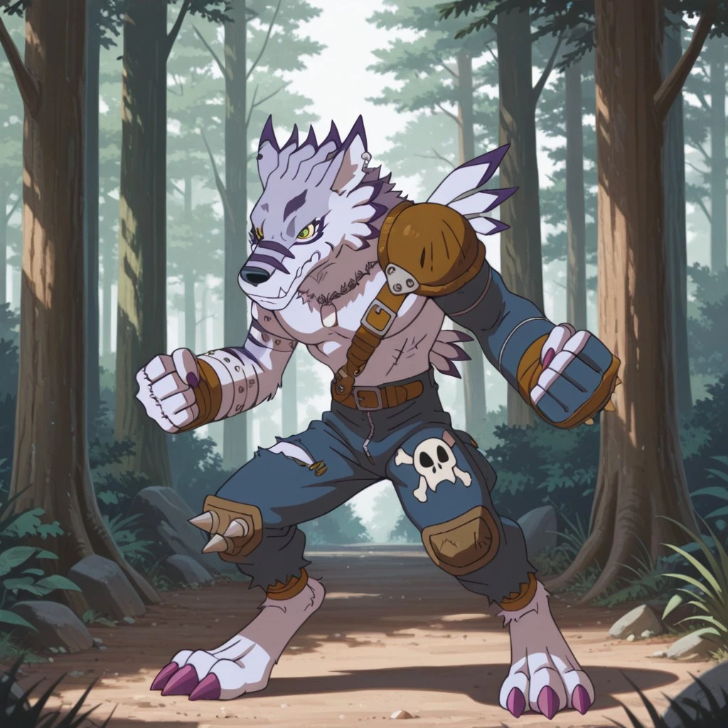 masterpiece, best quality, amazing quality, weregmonil, anthro, male, wolf, light blue fur, yellow eyes, dark blue stripes, purple claws, ripped blue jeans with a spiked knee-pad on the right leg, a leather pauldron on left shoulder, blue arm sleeve on left arm, dog_tag, silver armbands right arm, outside,in a forest, standing, solo, 1boy, digitigrade, full body, fighting stance, <lora:f40ec229-731a-49fe-897f-fce3e173adf7:1.0>