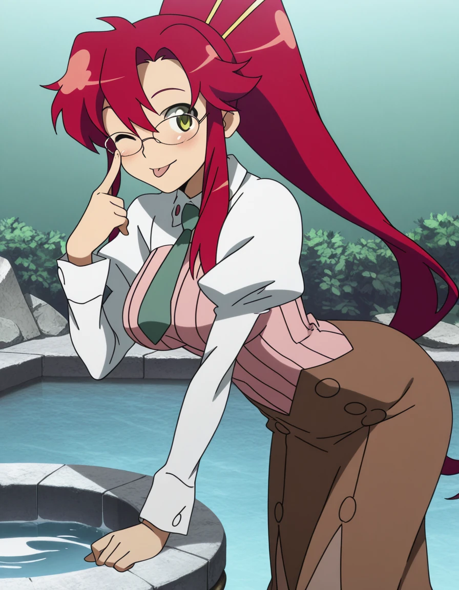 masterpiece, best quality, amazing quality,, <lora:yoko-littner-s1-illustriousxl-lora-nochekaiser:1>, yoko littner, long hair, hair ornament, ponytail, red hair, mature female, breasts, anime screencap, skirt, necktie, glasses, long skirt, teacher, puffy sleeves, long sleeves, teacher, ribbed shirt, pink shirt, collared shirt, brown skirt, well, water, stone, old, deep, , akanbe, eyelid pull, finger to eye, tongue out, :p, tongue, ;p, blush, leaning forward, bent over, from side, looking at viewer, solo,, cowboy shot, solo
