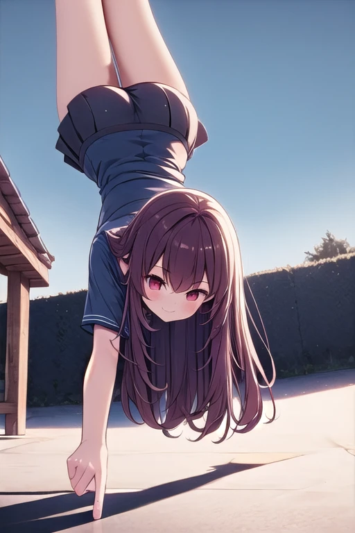 ((one finger handstand)), pointing down, hand on ground, 1girl, light smile, large breasts, short sleeves, shirt, skirt, full body, from below, low angle, low pov, sky, <lora:onefingerhandstand:1>