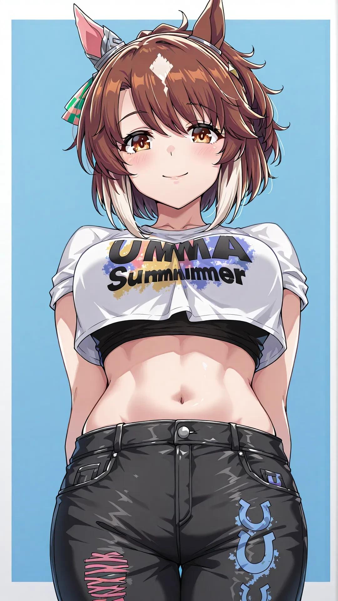 masterpiece, best quality, highres, aanobara, short hair, <lora:kugisaki_nobara_v1:0.7>, midriff, white shirt, short shorts, street, standing, grin, underboob, collarbone