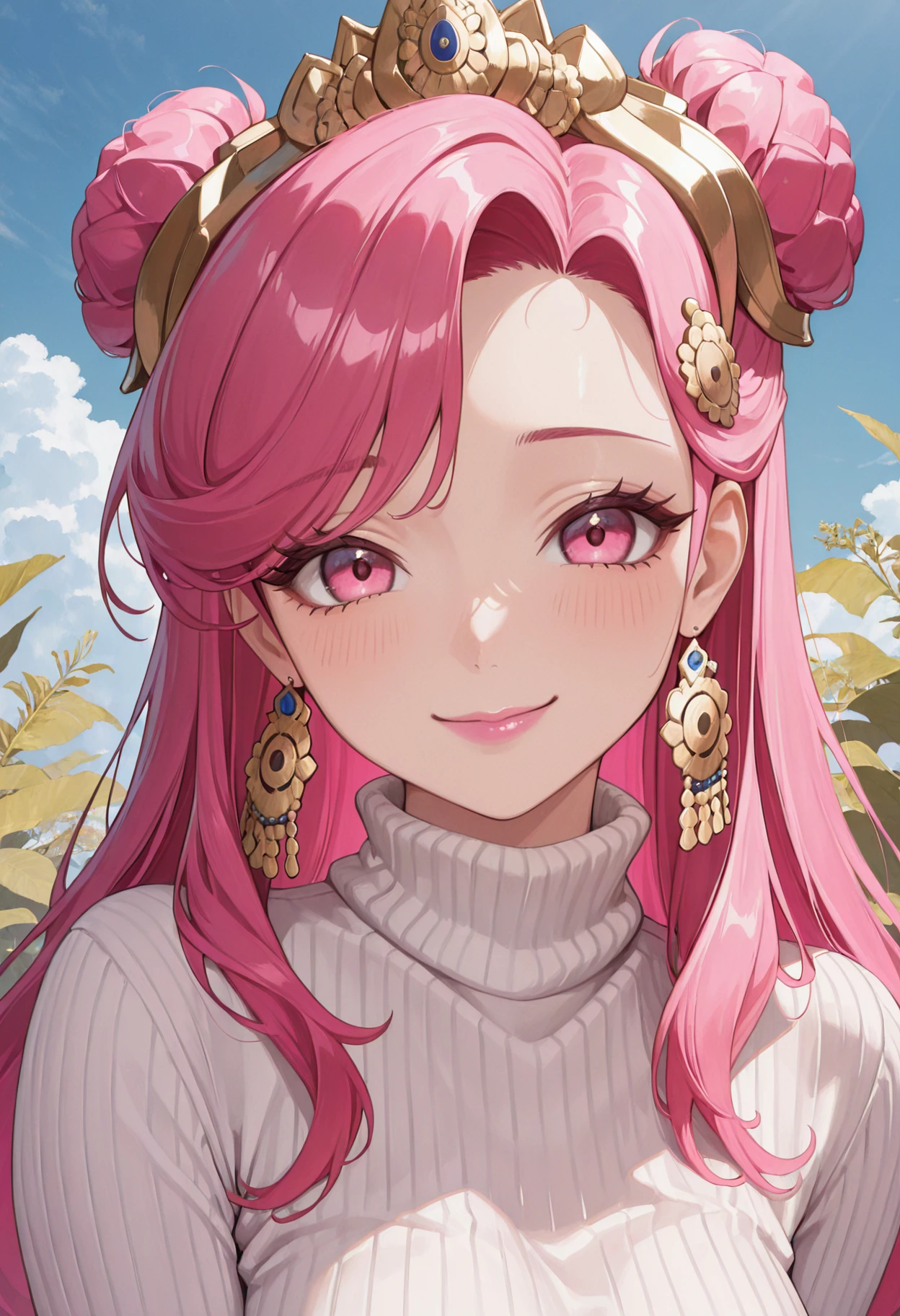 masterpiece, best quality, absurdres, highres, newest, 1girl, solo, <lora:parvati-smt-richy-v1_ixl:0.8> parvati, pink eyes, pink hair, long hair, double bun, forehead, pink lips, looking at viewer, smile, white sweater, turtleneck sweater, ribbed sweater, close-up, blush, outdoors, blue sky, breasts,