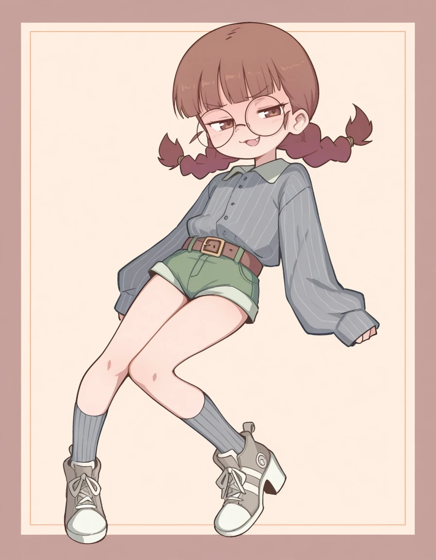<lora:Orenji-IL-20:0.8> orenji, 1girl, solo, brown hair, low twintails, twin braids, blunt bangs, brown eyes, round eyewear, petite, flat chest,
smug, :3, fang, parted lips,
grey shirt, pinstripe shirt, sleeves past wrists, long sleeves, brown belt, green shorts, mini shorts, grey socks, tube socks, high heel sneakers.
extremely detailed, highres, masterpiece, best quality, border,