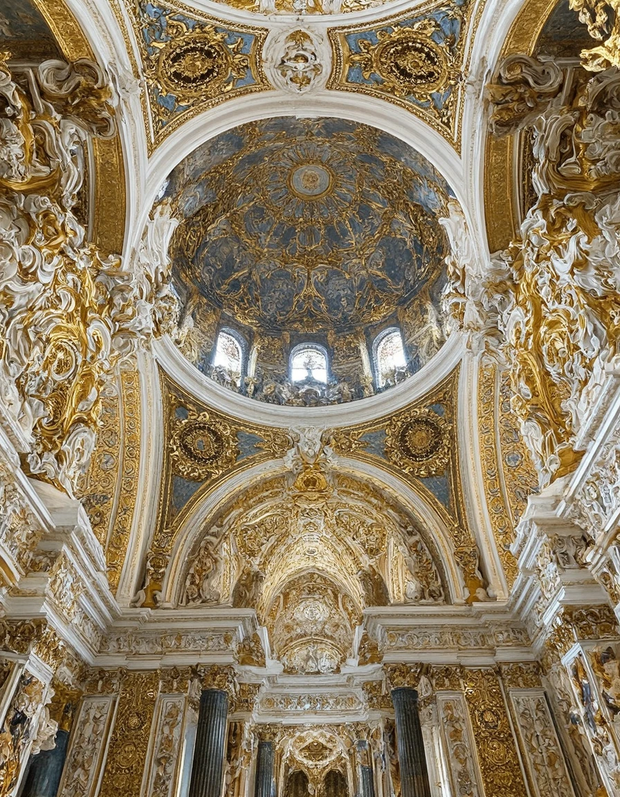 <lora:Home_R01fluxb:1> homer01, Baroque architecture, advanced, aesthetic, and, architecture, capitals, cathedral, detailed, displays, framework, geometric, glass, gold, interior, lighting, mastery, measurement, metallic, medieval painted panels, structure, carved surfaces, white, greek gold columns,