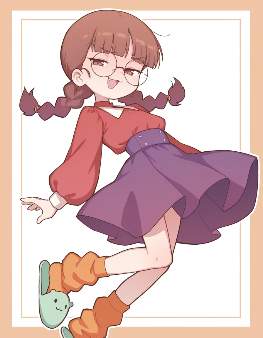 <lora:Orenji-IL-20:0.8> orenji, 1girl, solo, brown hair, low twintails, twin braids, blunt bangs, brown eyes, round eyewear, petite, flat chest,
smug, :3, fang, parted lips,
red shirt, long puffy sleeves, purple skirt, medium skirt, high-low skirt, orange socks, loose socks, slippers.
extremely detailed, highres, masterpiece, best quality, border,