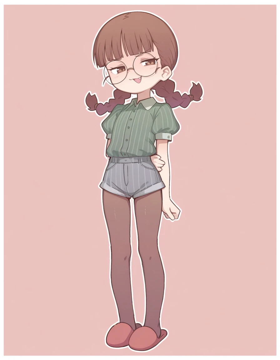 <lora:Orenji-IL-20:0.8> orenji, 1girl, solo, brown hair, low twintails, twin braids, blunt bangs, brown eyes, round eyewear, petite, flat chest,
smug, :3, fang, parted lips,
green shirt, pinstripe shirt, short puffy sleeves, collared shirt, grey shorts, mini shorts, brown pantyhose, red footwear, slippers.
extremely detailed, highres, masterpiece, best quality, border,