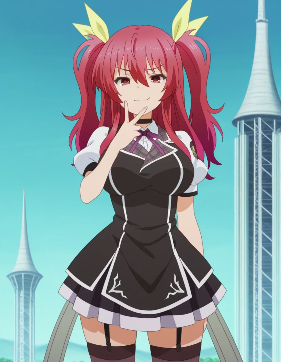 masterpiece, best quality, amazing quality,, <lora:stella-vermillion-s1-illustriousxl-lora-nochekaiser:1>, stella vermillion, hair between eyes, hair intakes, hair ribbon, long hair, red eyes, red hair, two side up, yellow ribbon, mature female, breasts, anime screencap, black choker, choker, emblem, garter straps, neck ribbon, plaid, puffy short sleeves, puffy sleeves, purple ribbon, red hair, ribbon, school uniform, shirt, short sleeves, skirt, thighhighs, white shirt, white skirt,, tower, tall, height, view, structure, , v, v over mouth, smug, looking at viewer, solo,, cowboy shot, solo