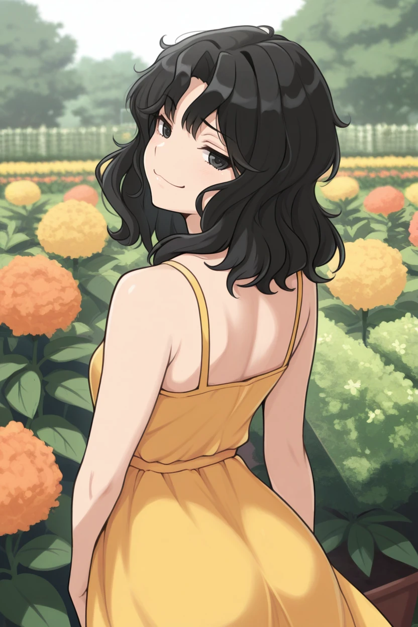masterpiece, best quality, 1girl, solo, <lora:tanamachikaoru-illu-nvwls-v1-000006:1> tnakao, black hair, wavy hair, medium hair, black eyes, yellow sundress, from behind, looking back, looking at viewer, smug, smile, garden, field