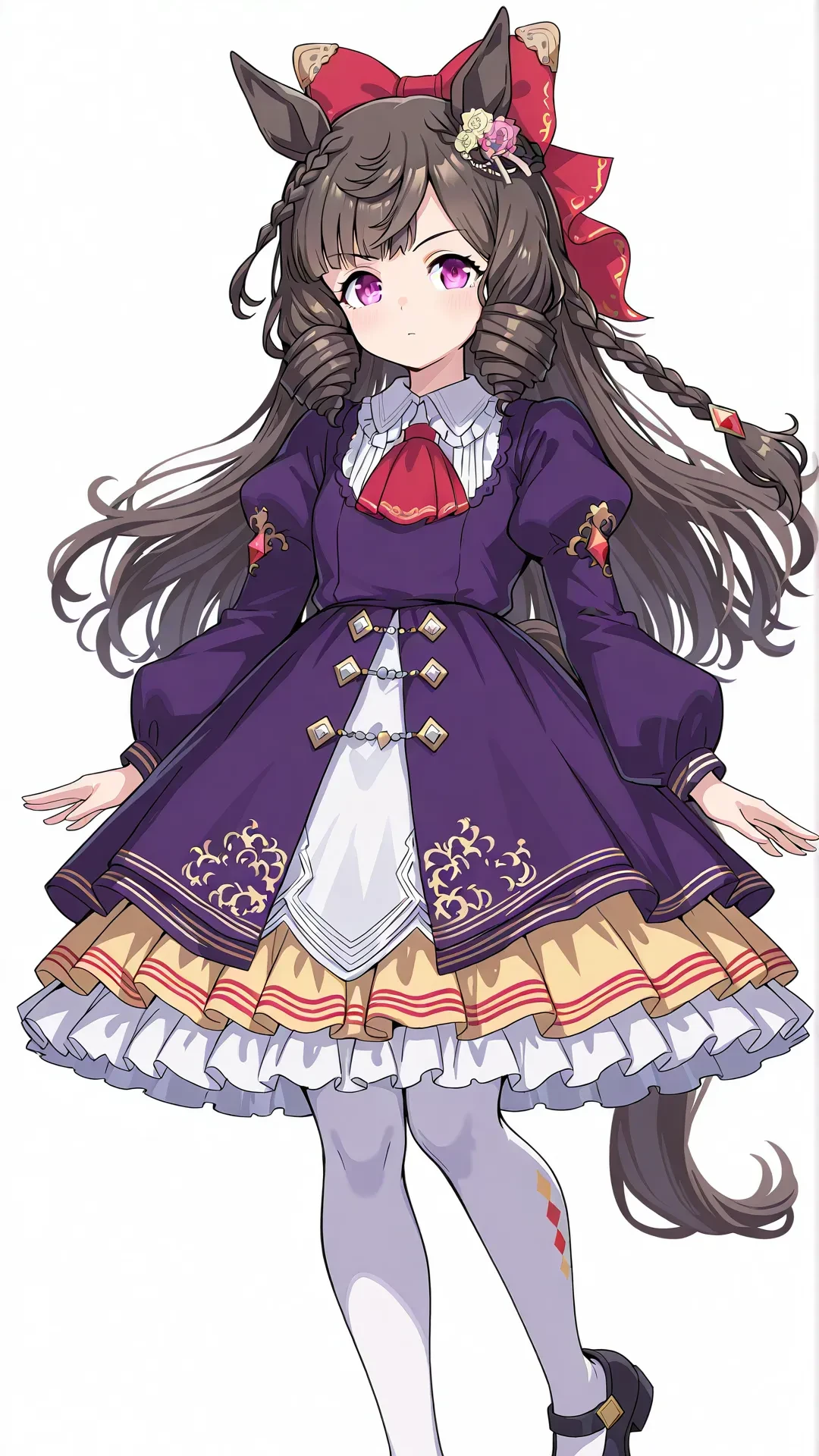 daiichi ruby \(umamusume\),
1girl,solo,animal ears,horse ears,black hair,long hair,braid,purple eyes,hair bow,horse girl,drill hair,bangs,
red ascot,puffy long sleeves,collared dress,frilled dress,purple dress,white pantyhose,mary janes,black footwear,<lora:Daiichi_Ruby:1>,
simple background,cowboy shot,pose,