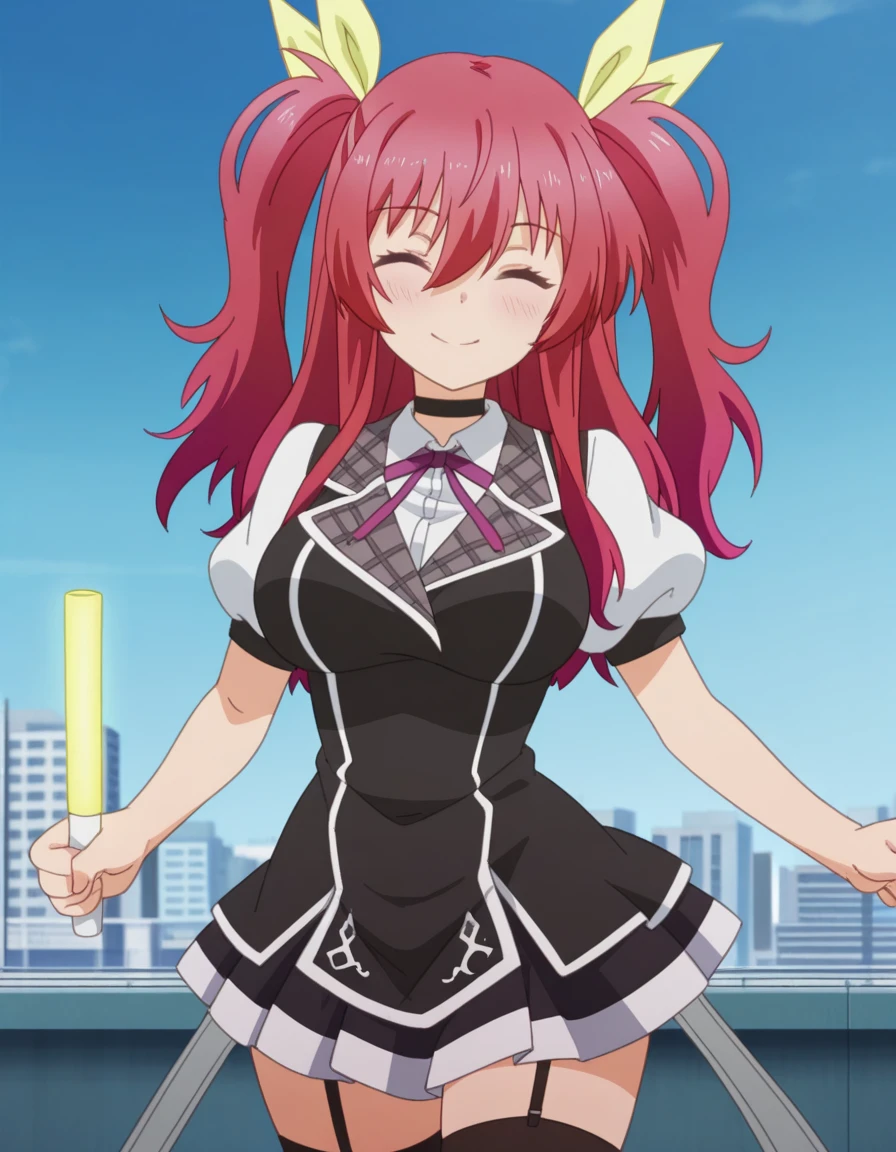 masterpiece, best quality, amazing quality,, <lora:stella-vermillion-s1-illustriousxl-lora-nochekaiser:1>, stella vermillion, hair between eyes, hair intakes, hair ribbon, long hair, red eyes, red hair, two side up, yellow ribbon, mature female, breasts, anime screencap, black choker, choker, emblem, garter straps, neck ribbon, plaid, puffy short sleeves, puffy sleeves, purple ribbon, red hair, ribbon, school uniform, shirt, short sleeves, skirt, thighhighs, white shirt, white skirt,, rooftop, view, height, buildings, sky, , shikairo days dance, shikairo days dance (meme), dancing, meme, closed eyes, clenched hands, glowsticks, blush, smile, looking at viewer, solo,, cowboy shot, solo