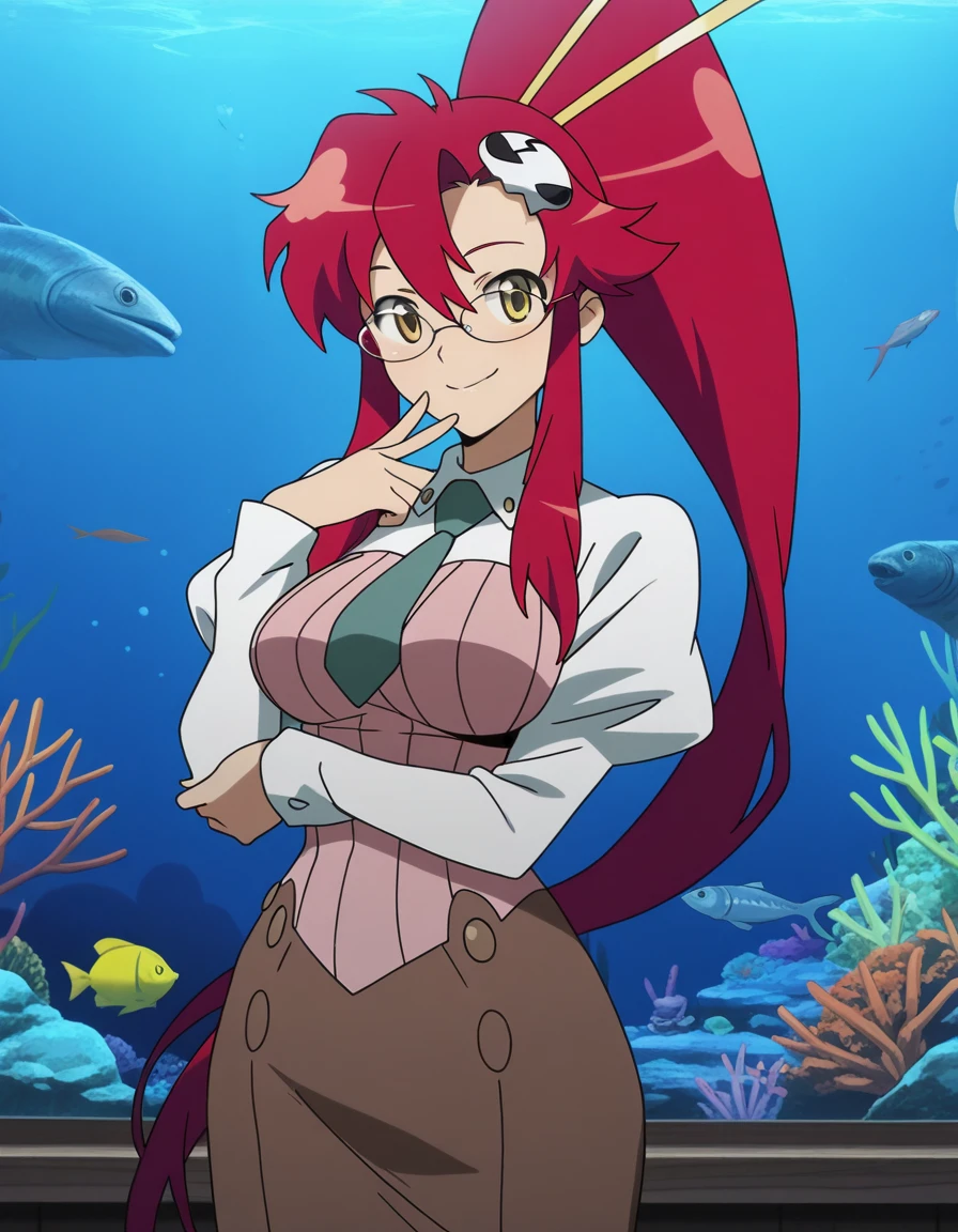 masterpiece, best quality, amazing quality,, <lora:yoko-littner-s1-illustriousxl-lora-nochekaiser:1>, yoko littner, hair between eyes, hair ornament, high ponytail, long hair, red hair, sidelocks, skull hair ornament, yellow eyes, mature female, breasts, anime screencap, skirt, necktie, glasses, long skirt, teacher, puffy sleeves, long sleeves, teacher, ribbed shirt, pink shirt, collared shirt, brown skirt, aquarium, water, fish, tanks, blue, smile, v, v over mouth, smug, looking at viewer, solo,, cowboy shot, solo
