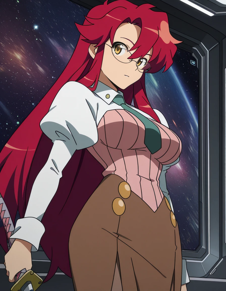 masterpiece, best quality, amazing quality,, <lora:yoko-littner-s1-illustriousxl-lora-nochekaiser:1>, yoko littner, long hair, yellow eyes, red hair, glasses, hair down, mature female, breasts, anime screencap, skirt, necktie, glasses, long skirt, teacher, puffy sleeves, long sleeves, teacher, ribbed shirt, pink shirt, collared shirt, brown skirt, space elevator, tall, space, futuristic, technology, , sword guard stance, sword, weapon, solo, katana, holding, holding weapon, holding sword, looking at viewer, jumpsuit, yellow jumpsuit, high collar, cowboy shot, pants, looking at viewer, solo,, cowboy shot, solo
