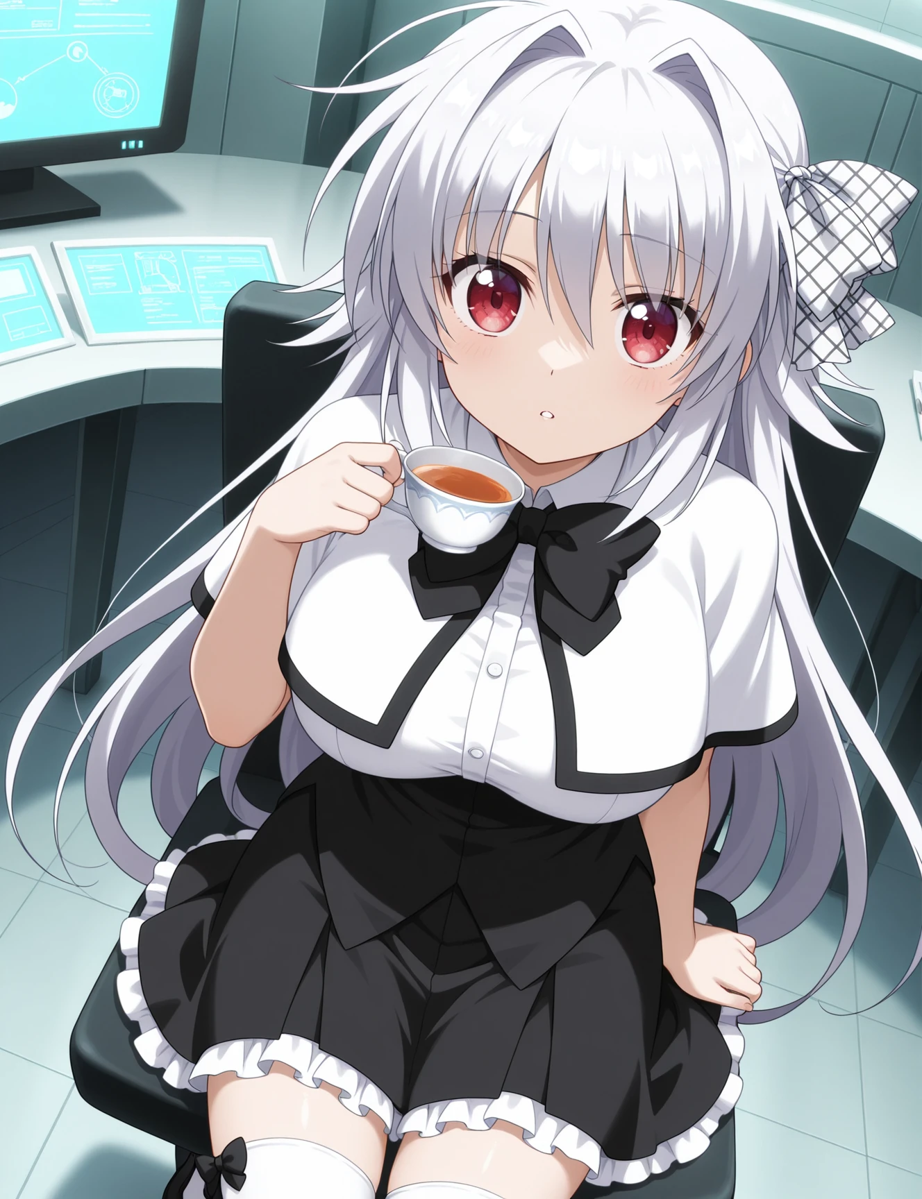absurdres,highres,masterpiece,best quality,amazing quality,indoors,
petite,looking at viewer,dynamic pose,anime screencap,anime coloring,
laboratory,science fiction,holographic monitor,
cowboy shot,dutch angle,from above,
sitting on chair,holding teacup,one hand up,
large breasts,parted lips,
<lora:Iris_Freyja_illuV01_b3g2plw04c08_d16a8_lr1435_rvs:0.9>,Iris_Freyja_UF,very long hair,white hair,hair intakes,hair between eyes,red eyes,hair bow,plaid bow,black ribbon,hair ribbon,school uniform,white capelet,white sleeveless shirt,black bowtie,black high-waist skirt,white frilled petticoat,white thighhighs,bow legwear,black mary janes,
