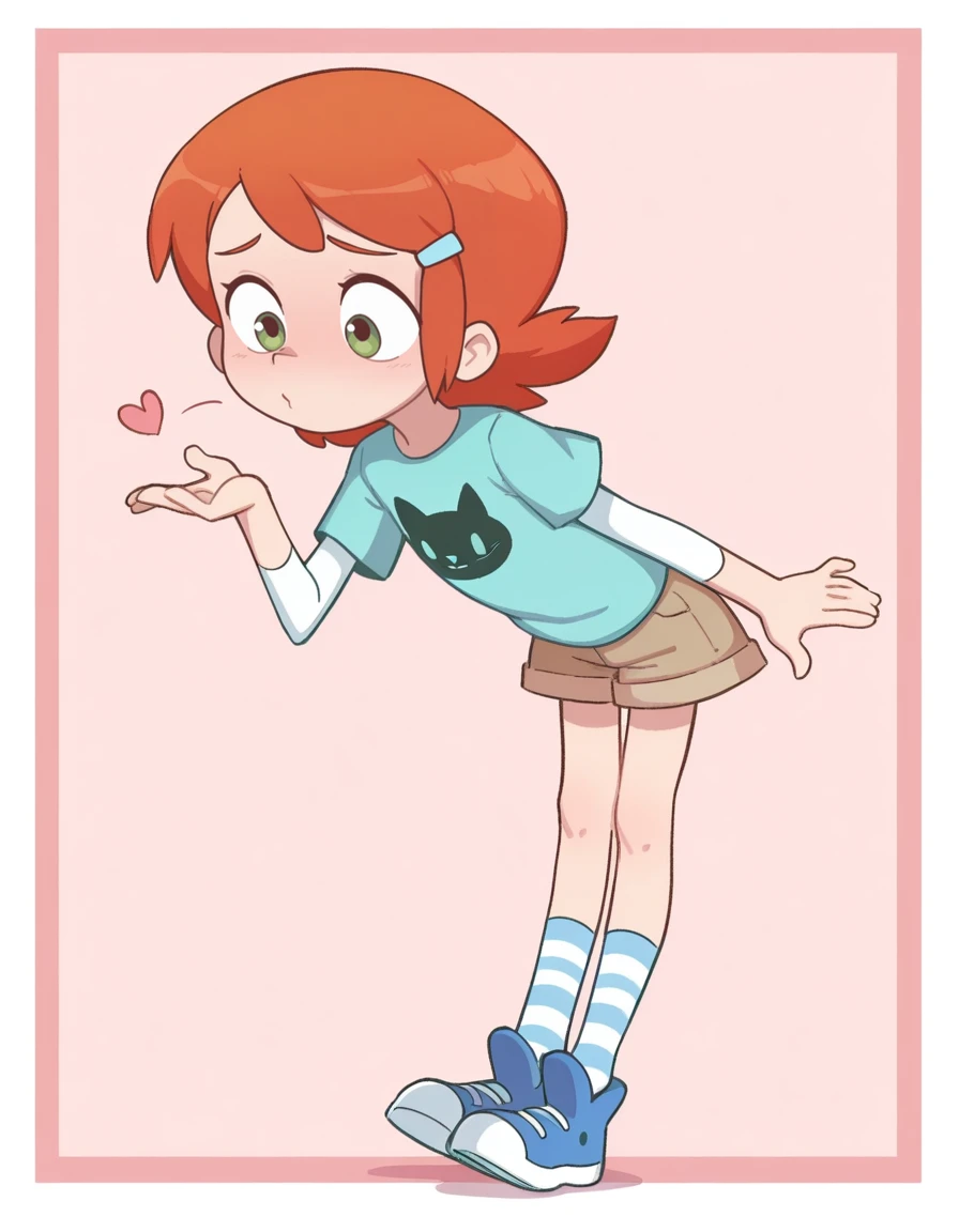 <lora:Orenji-IL-20:0.8> orenji, 1girl, solo,
<lora:Gwen2016:0.6> gwen2016, orange hair, green eyes, short over long sleeves, aqua shirt, white sleeves, brown shorts, striped socks, blue sneakers, hairclip, print shirt, cat print,
Blowing a kiss, (Raised eyebrows),
extremely detailed, highres, masterpiece, best quality, border,