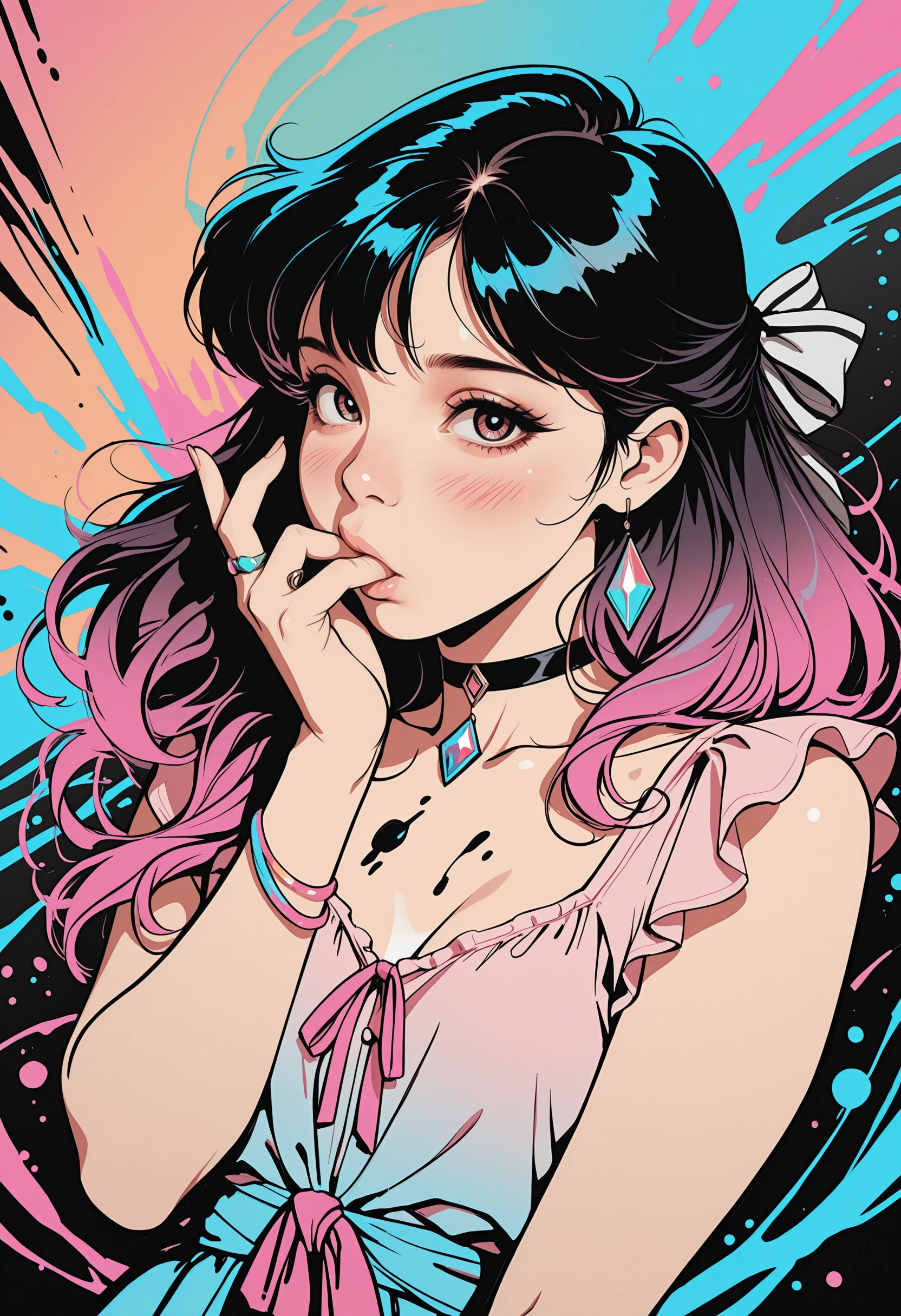 masterpiece, high_quality, highres,  flat_colors, gradient, retro_colors, sketch,
ribbon_tied_blouse, age_24, choker_with_gem, long_lashes,
sucking_finger, blush, looking_at_viewer,
ink_splash, rings, abstract, dynamic_angle, cinematic,