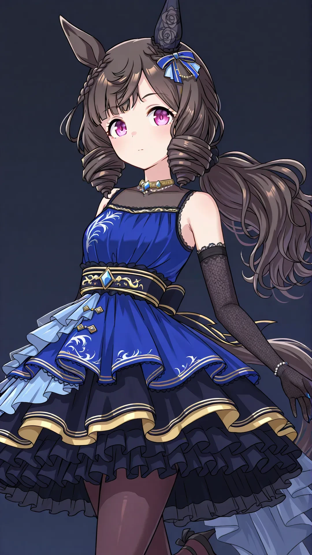 daiichi ruby \(umamusume\),
1girl,solo,animal ears,horse ears,black hair,long hair,braid,purple eyes,hair bow,horse girl,drill hair,bangs,
low ponytail,blue ear ribbon,black lace elbow gloves,black strappy heels,pantyhose,flowing blue,sleeveless,blue layered dress,necklace,black see-through inner shirt,single ear cover,blue nails,low back gold trim blue ribbon,waist aqua bow,gold trim black obi,hair scrunchie,black petticoat,<lora:Daiichi_Ruby:1>,
simple background,cowboy shot,pose,