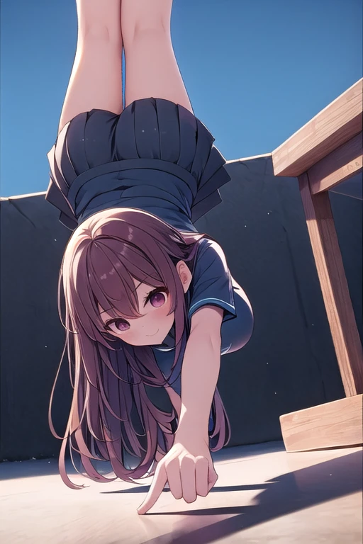 ((one finger handstand)), pointing down, hand on ground, 1girl, light smile, large breasts, short sleeves, shirt, skirt, pleated skirt, full body, from below, low angle, low pov, sky, <lora:onefingerhandstand:1>