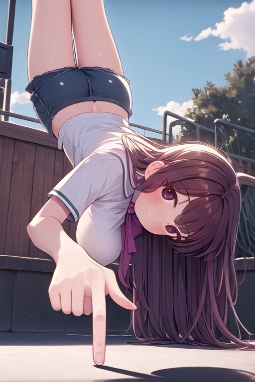 ((one finger handstand)), pointing down, hand on ground, 1girl, light smile, large breasts, short sleeves, shirt, shorts, full body, from below, low pov, sky, <lora:onefingerhandstand:1>
