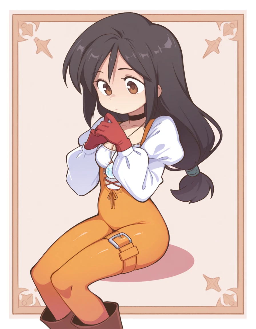 <lora:Orenji-IL-20:0.8> orenji, 1girl, solo,
<lora:ffgarnet-illu-nvwls-v1_1:0.7> ffixgarnet, black hair, brown eyes, low-tied long hair, pendant, black choker, orange bodysuit, cross-laced bodysuit, cleavage, white shirt, puffy sleeves, white sleeves, red gloves, thigh strap, brown boots,
Fingers steepled, looking contemplative, (Fearful:1.2),
extremely detailed, highres, masterpiece, best quality, border,