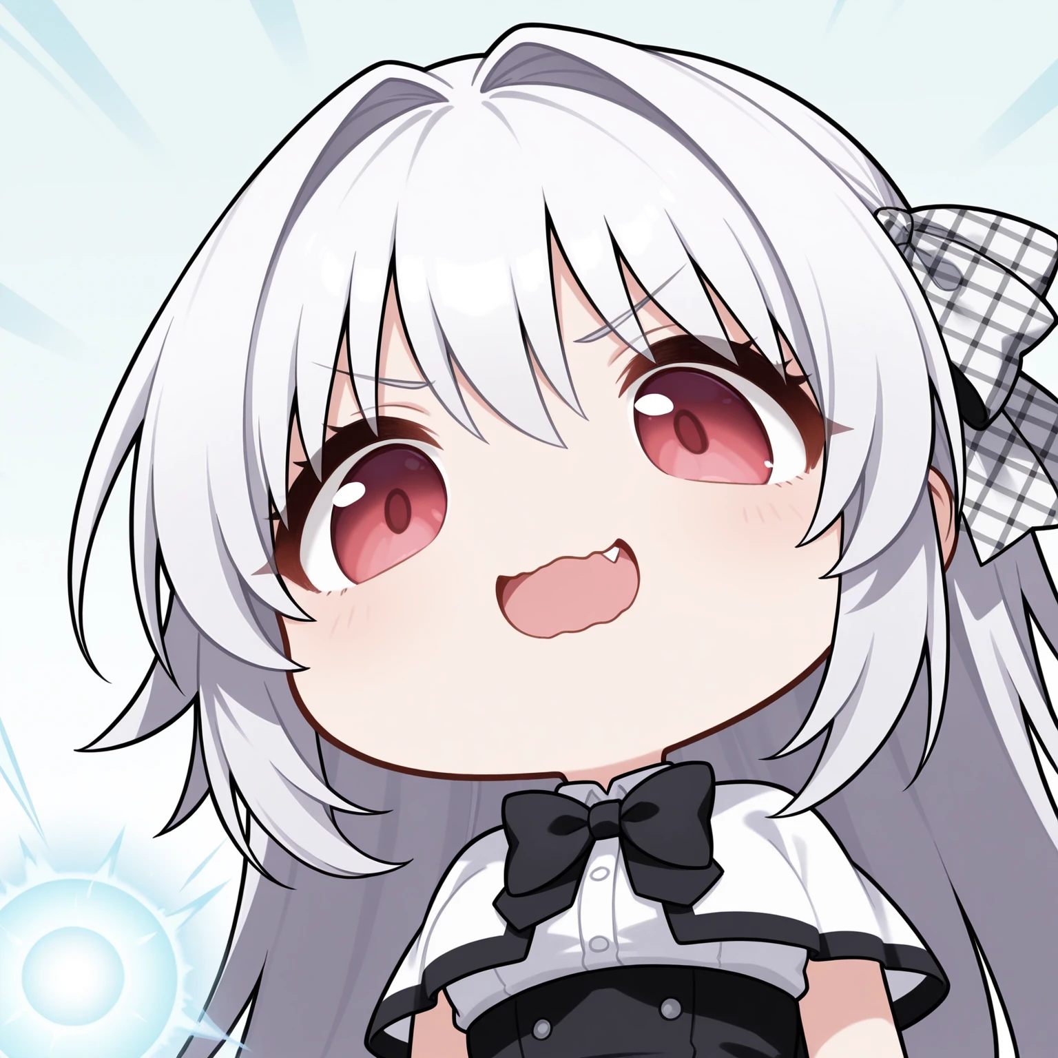 masterpiece,best quality,newest,absurdres,highres,1girl,closed mouth,smile,no nose,solo,mutsuki face \(blue archive\),portrait,chibi,<lora:mutsukifacebaillusxl:0.8>,
wavy mouth,open mouth,fang,v-shaped eyebrows,looking down,energy ball,
<lora:Iris_Freyja_illuV01_b3g2plw04c08_d16a8_lr1435_rvs:1>,Iris_Freyja_UF,very long hair,white hair,hair intakes,hair between eyes,red eyes,hair bow,plaid bow,black ribbon,hair ribbon,school uniform,white capelet,white sleeveless shirt,black bowtie,black high-waist skirt,