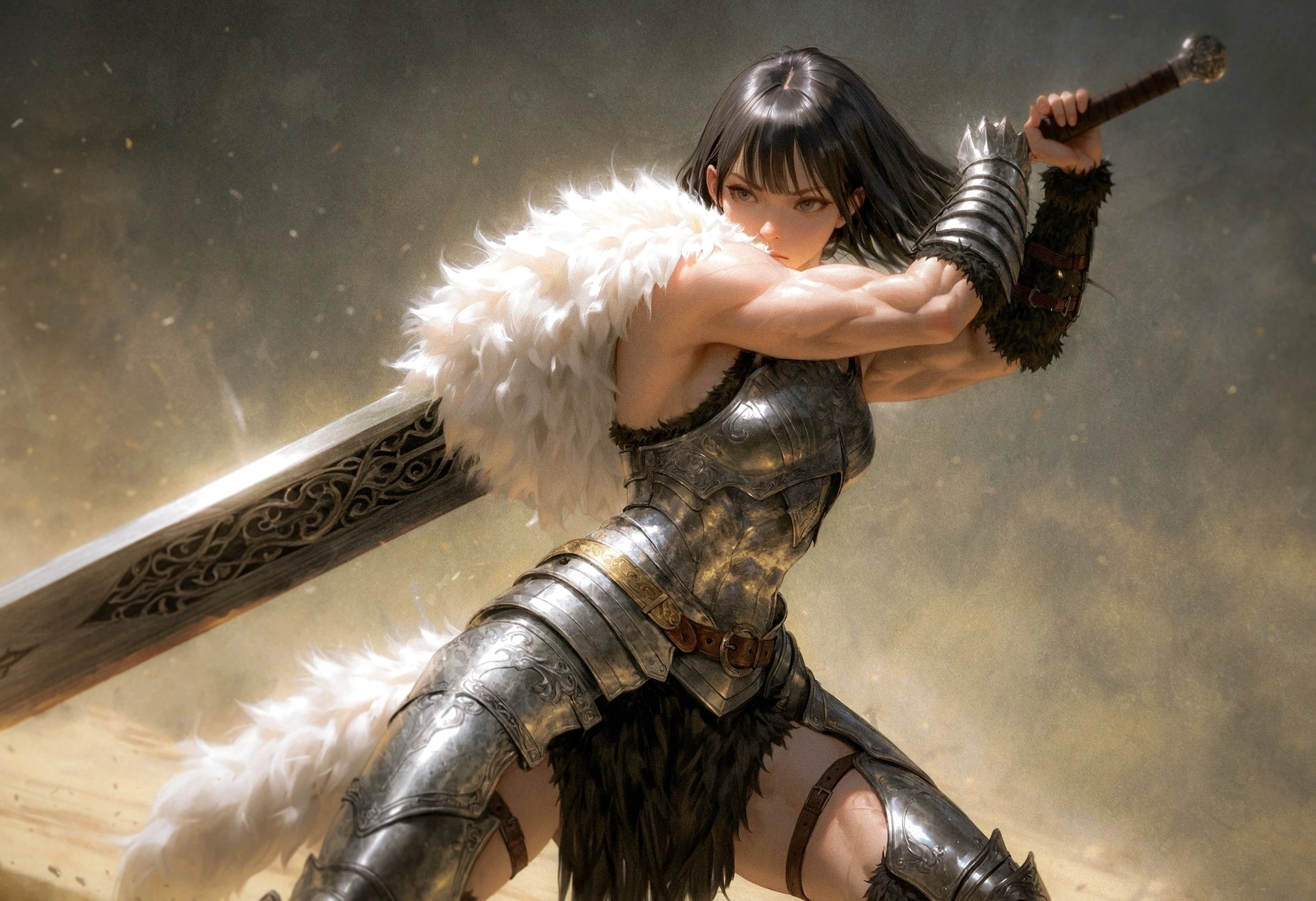 realistic textured painterly,
1girl, solo, wearing fur clothes, muscular, black hair, metal plates, metal belt, dynamic pose, holding sword, two-handed sword, huge weapon,
very awa, best quality, absurdres, masterpiece,
<lora:nhl-002-nai:0.5>,
