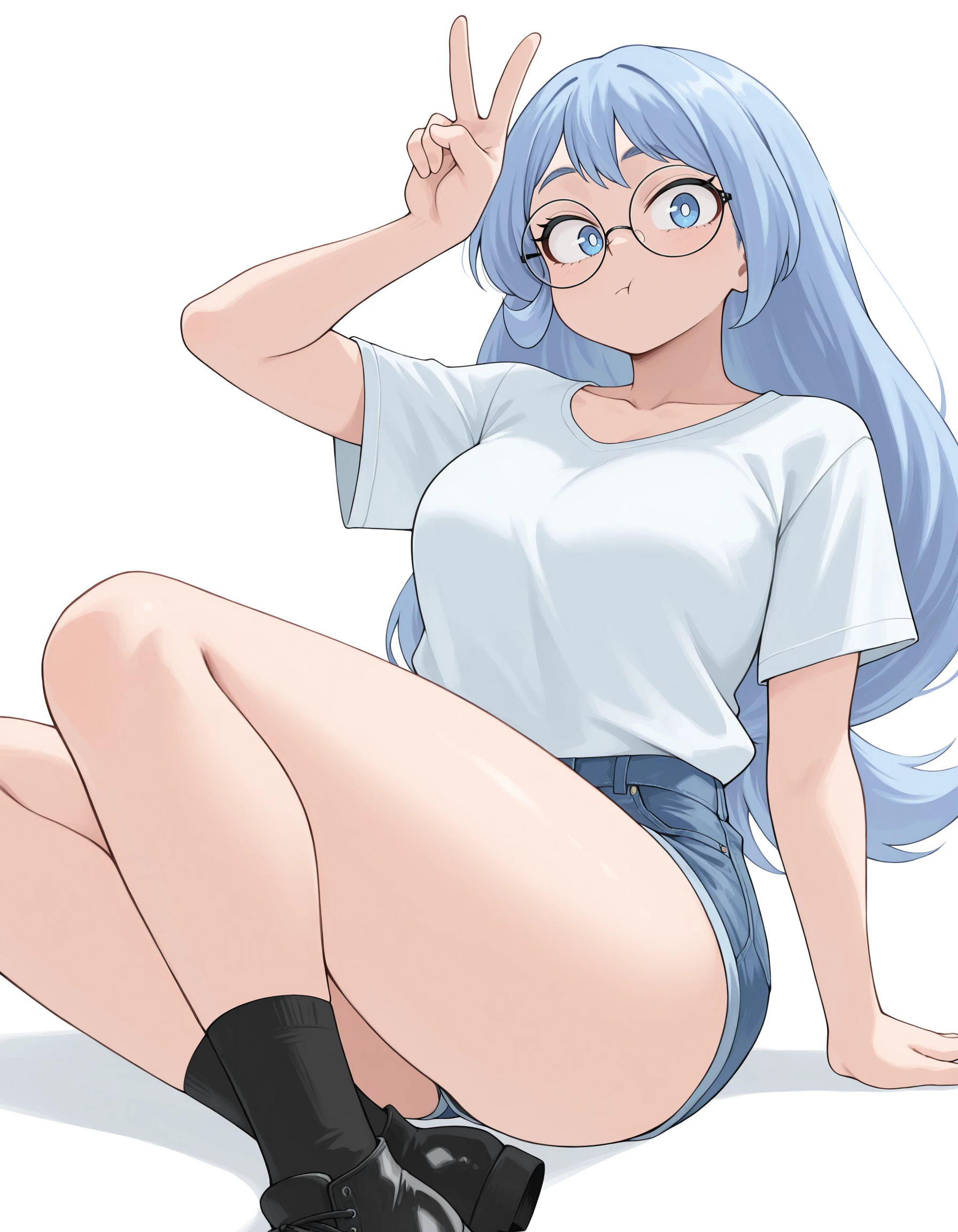 <lora:Hado Nejire Illu:1>
nejir3, 1girl, blue hair, blue shorts, blue eyes, glasses, long hair, t-shirt, white background, v, looking at viewer, simple background, round eyewear, pout, sitting, denim shorts, black socks, white shirt, arm up, bright pupils, short shorts, :t, short sleeves, white pupils, breasts, collarbone, thighs, black footwear, alternate costume, bespectacled, masterpiece, best quality, amazing quality