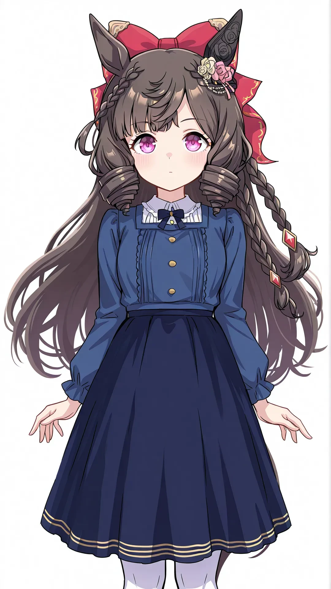 daiichi ruby \(umamusume\),
1girl,solo,animal ears,horse ears,black hair,long hair,braid,purple eyes,hair bow,horse girl,drill hair,bangs,
casual,long sleeves,blue shirt,center frilled,collared shirt,blue skirt,long skirt,white pantyhose,blue footwear,loafer,<lora:Daiichi_Ruby:1>,
simple background,(cowboy shot:1.3),pose,