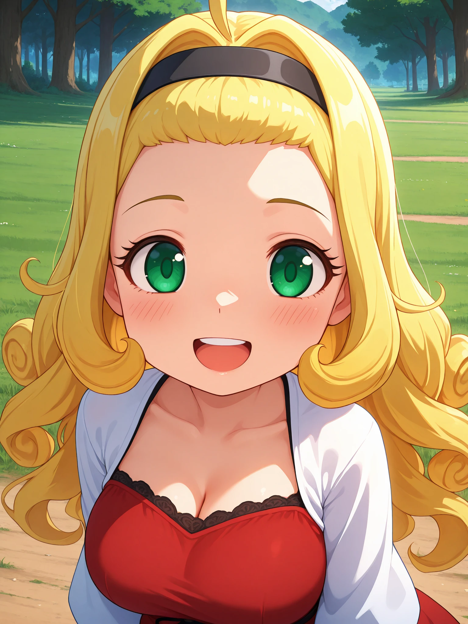 masterpiece, best quality, amazing quality, very aesthetic, absurdres,score_9, score_8_up,sharp focus, anime coloring, anime screenshot, field, trees, upper body, close-up, muffyllustrious, , 1girl, solo, long hair, blonde hair, dress, red dress, white sleeves, long sleeves, curly hair, collarbone, green eyes, black hairband, smile, :D, open mouth, headband, upper teeth only, blush, large breasts, cleavage, black ribbon,