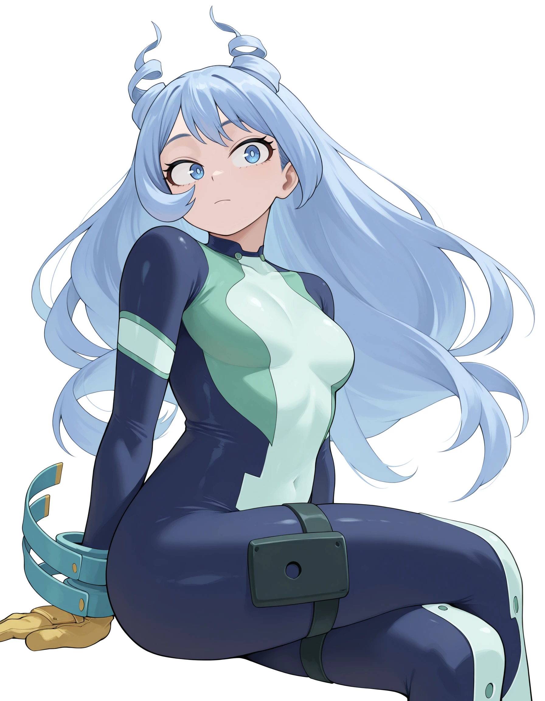 <lora:Hado Nejire Illu:1>nejir3, blue eyes, blue hair, long hair, hair down back, twin drills, hair horns,
nejir3her0, blue bodysuit, green bodysuit, multicolored bodysuit, thigh straps, yellow gloves, blue arm coils, blue spiral wrist straps,
full body, cowboy shot, looking at viewer, expressionless, looking to the side, sitting, crossed legs,
simple background, white background,, masterpiece, best quality, amazing quality
