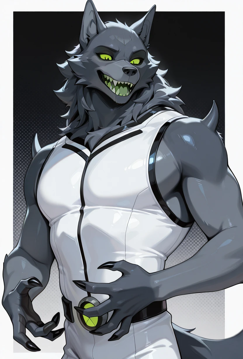 <lora:blitzwolfer-07:1> blitzwolfer, solo, 1boy, furry, tail, green eyes, black claws, wolf, , sharp teeth, white , sleeveless,, masterpiece, best quality, amazing quality, very aesthetic, absurdres, newest,, upper body, halftone effect, white borders, abstract background:1.2,