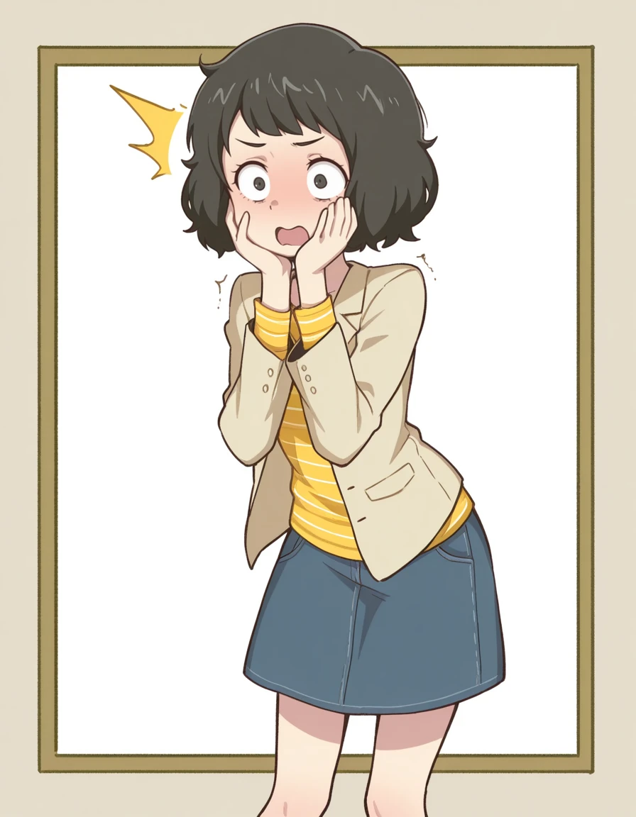 <lora:Orenji-IL-20:0.8> orenji, 1girl, solo,
<lora:p5kawakami-ill:0.7> p5kawakami, black hair, short hair, p5kawakami-reg, striped yellow shirt, untucked shirt, long sleeves, knee length skirt, denim skirt, p5kawakami-reg, striped yellow shirt, untucked shirt, long sleeves, knee length skirt, denim skirt, beige jacket,
Hands cupping face, (Shocked disbelief),
extremely detailed, highres, masterpiece, best quality, border,